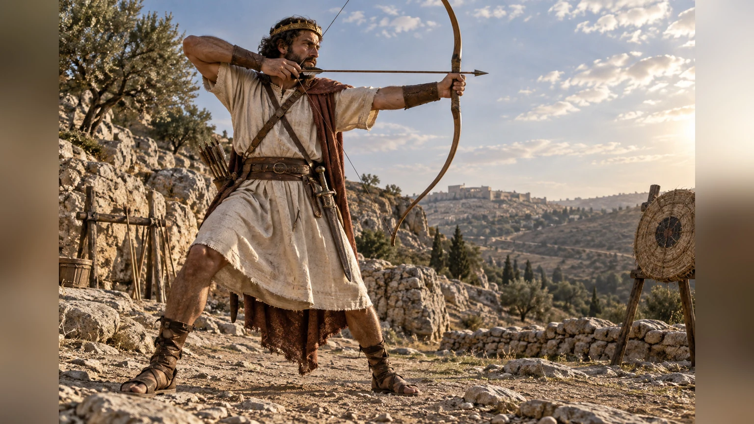 David trains with a bow in a rocky practice ground