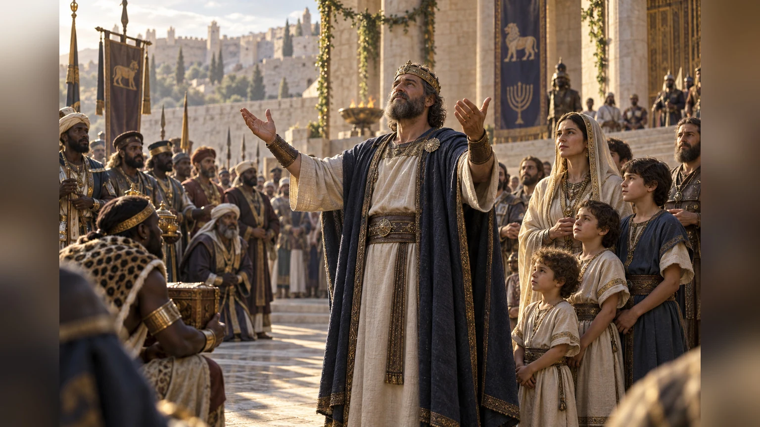 David gives public thanks with his household and gathered nations