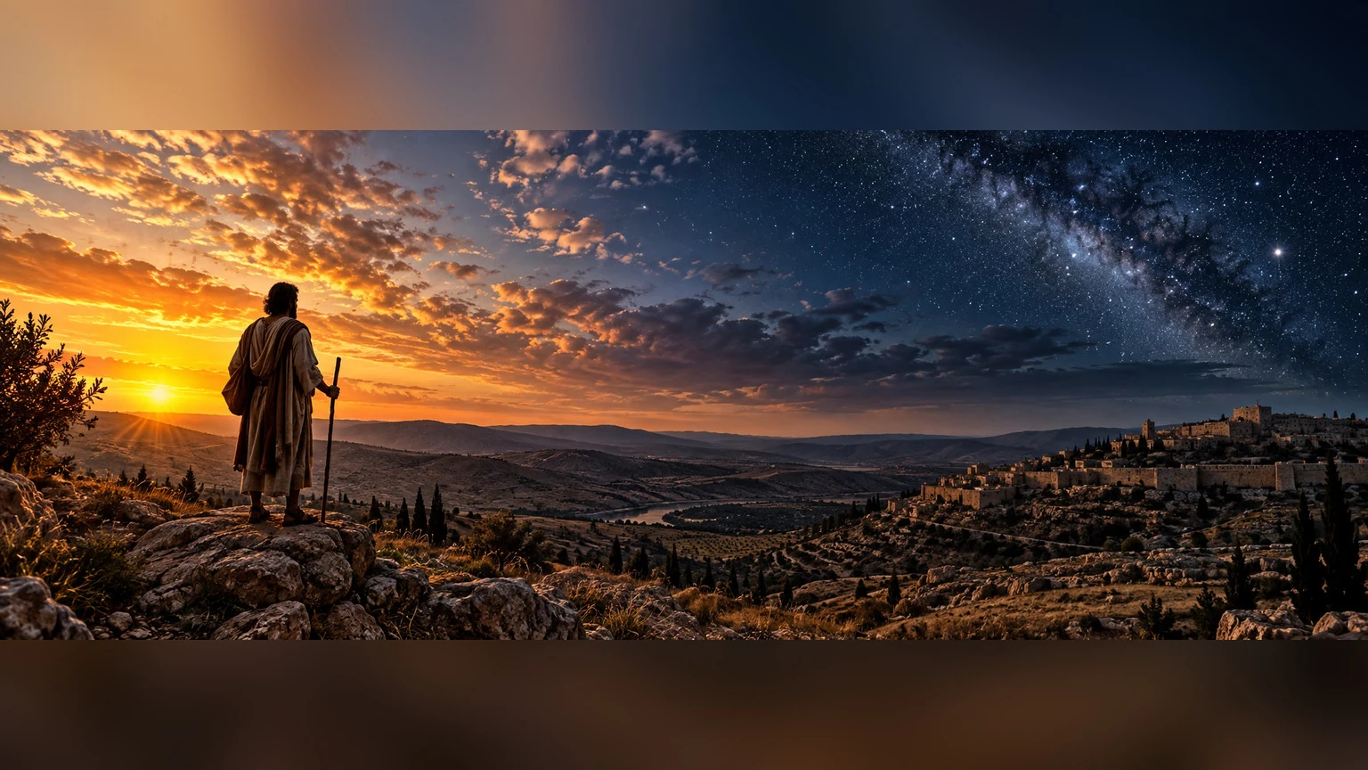 A vast sky transitions from sunset to stars above an ancient traveler
