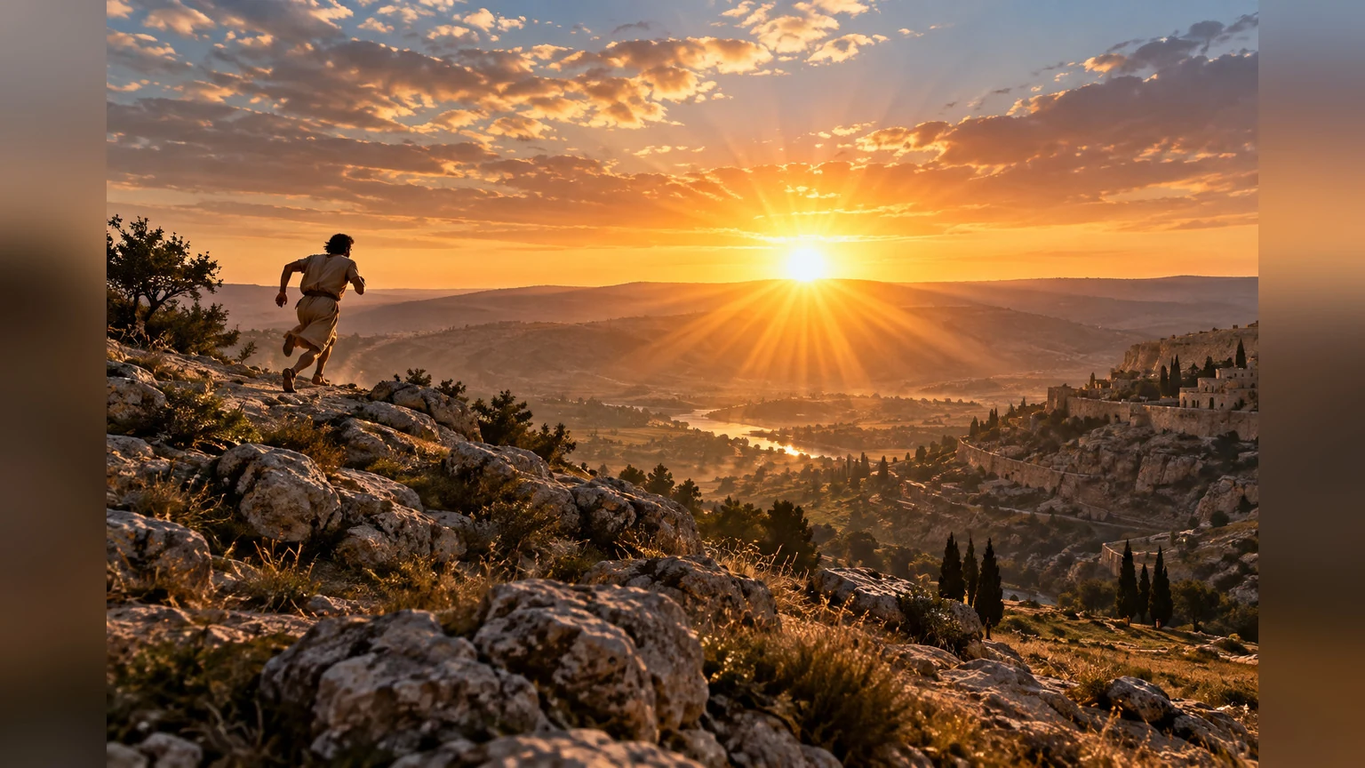 A runner crosses a ridge as the sun rises over Judea