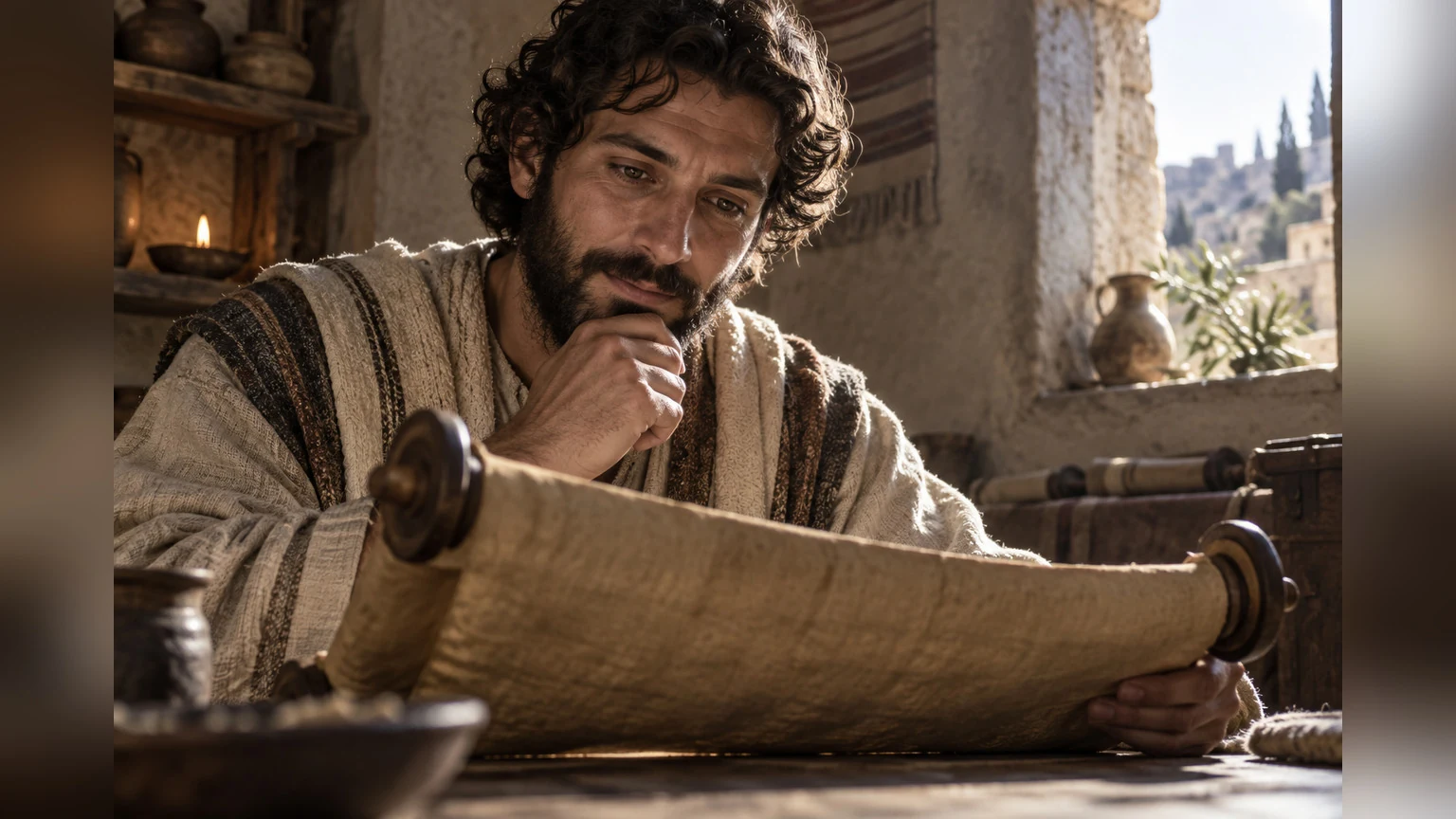 A reader's face brightens over a worn ancient scroll