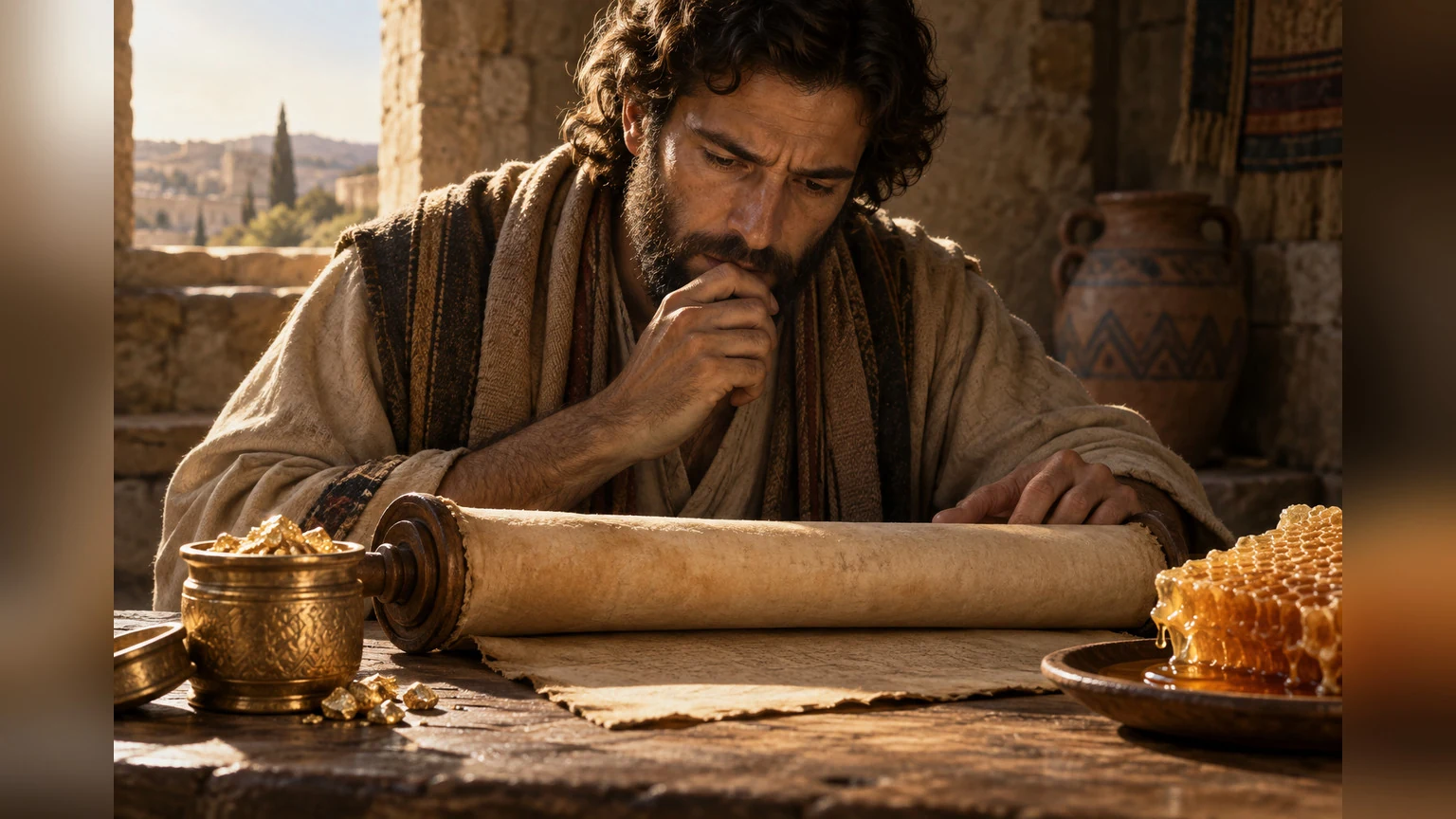 A reader considers a scroll beside fine gold and dripping honeycomb