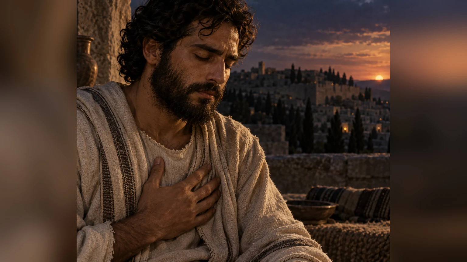 The reader closes his eyes in prayer with a hand over his heart