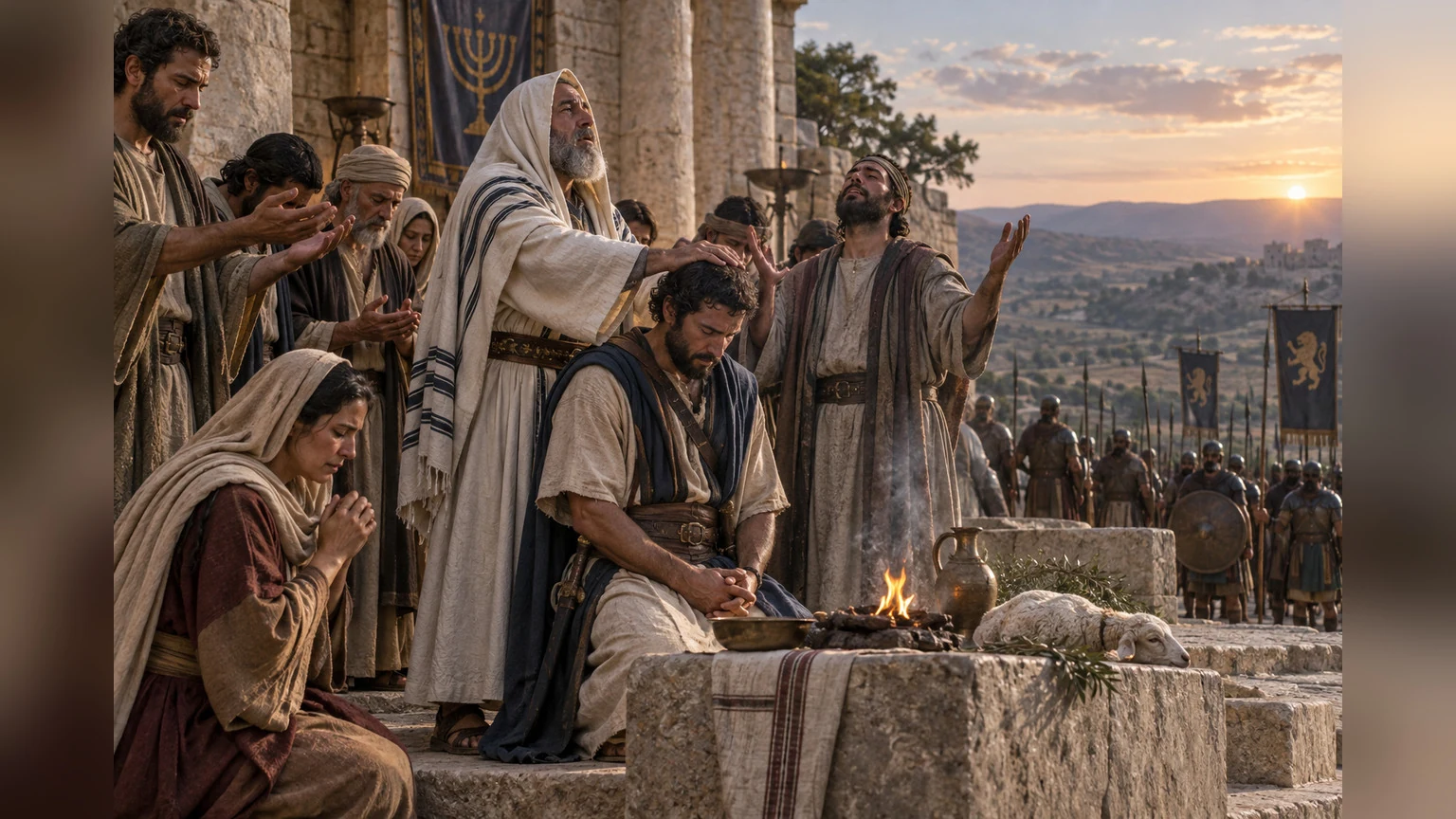 A community prays over its leader beside an offering at sunset.
