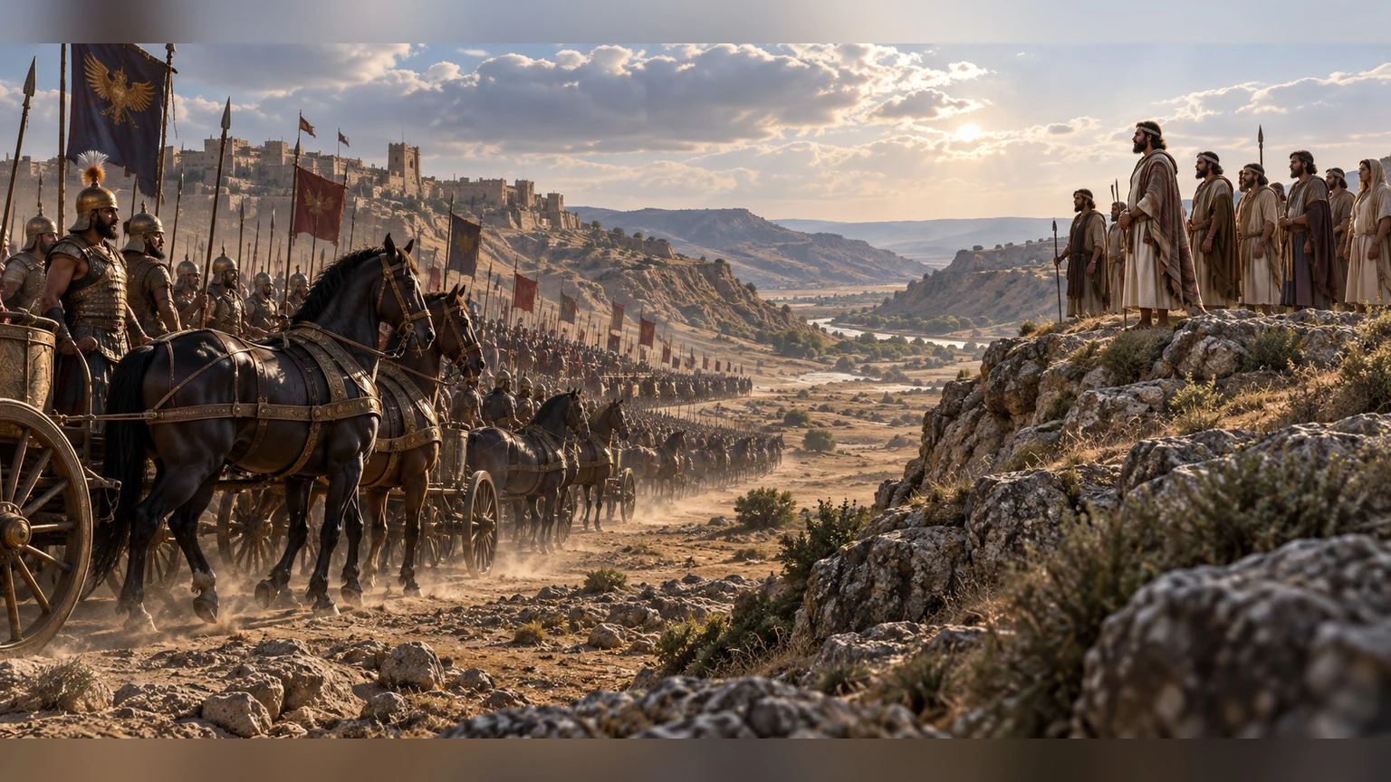 A vast chariot force faces a small company standing firm on a rocky ridge.