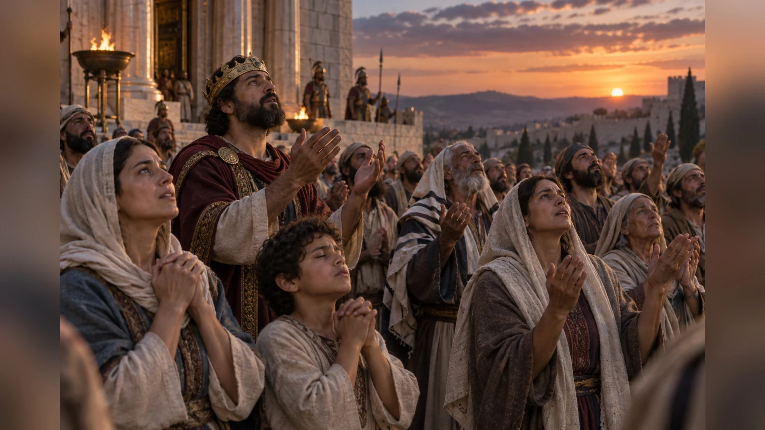 The king and his people lift their hands in prayer at dusk.