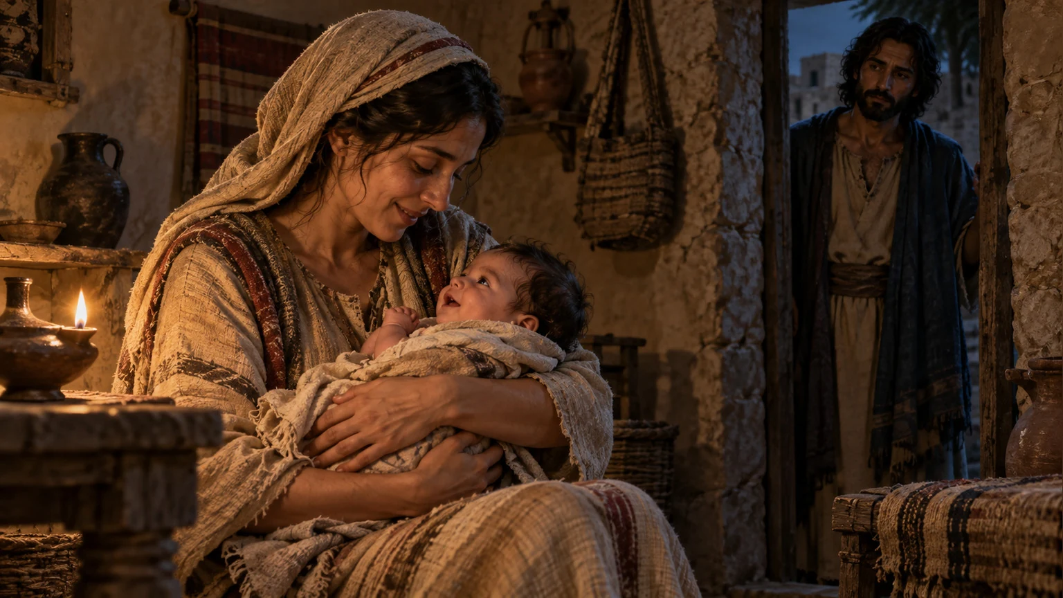 A mother cradles an infant in the speaker’s memory.
