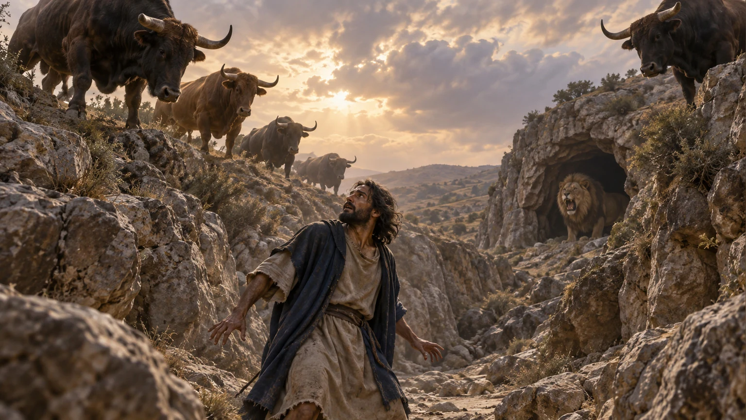 Bulls and a lion encircle him in a poetic ravine.