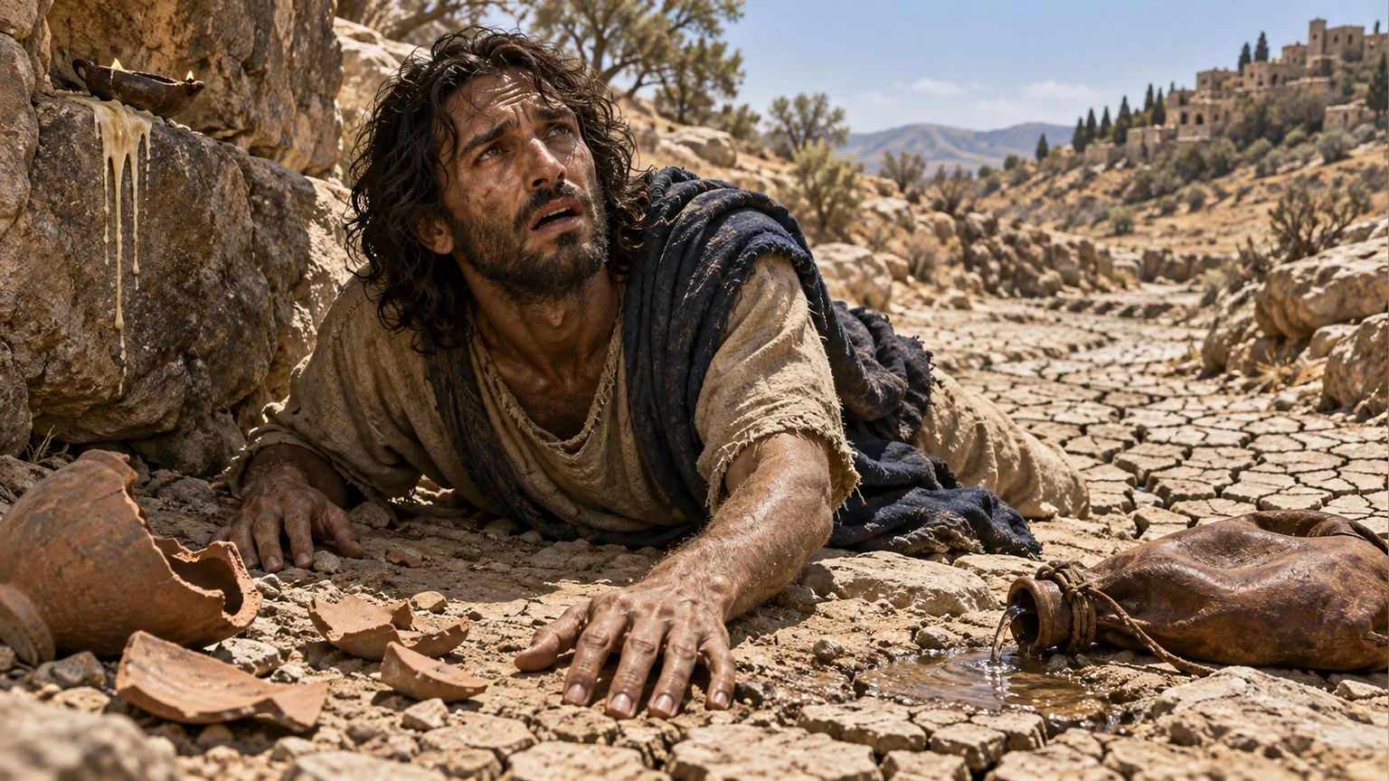 He collapses beside a dry channel and broken pottery.