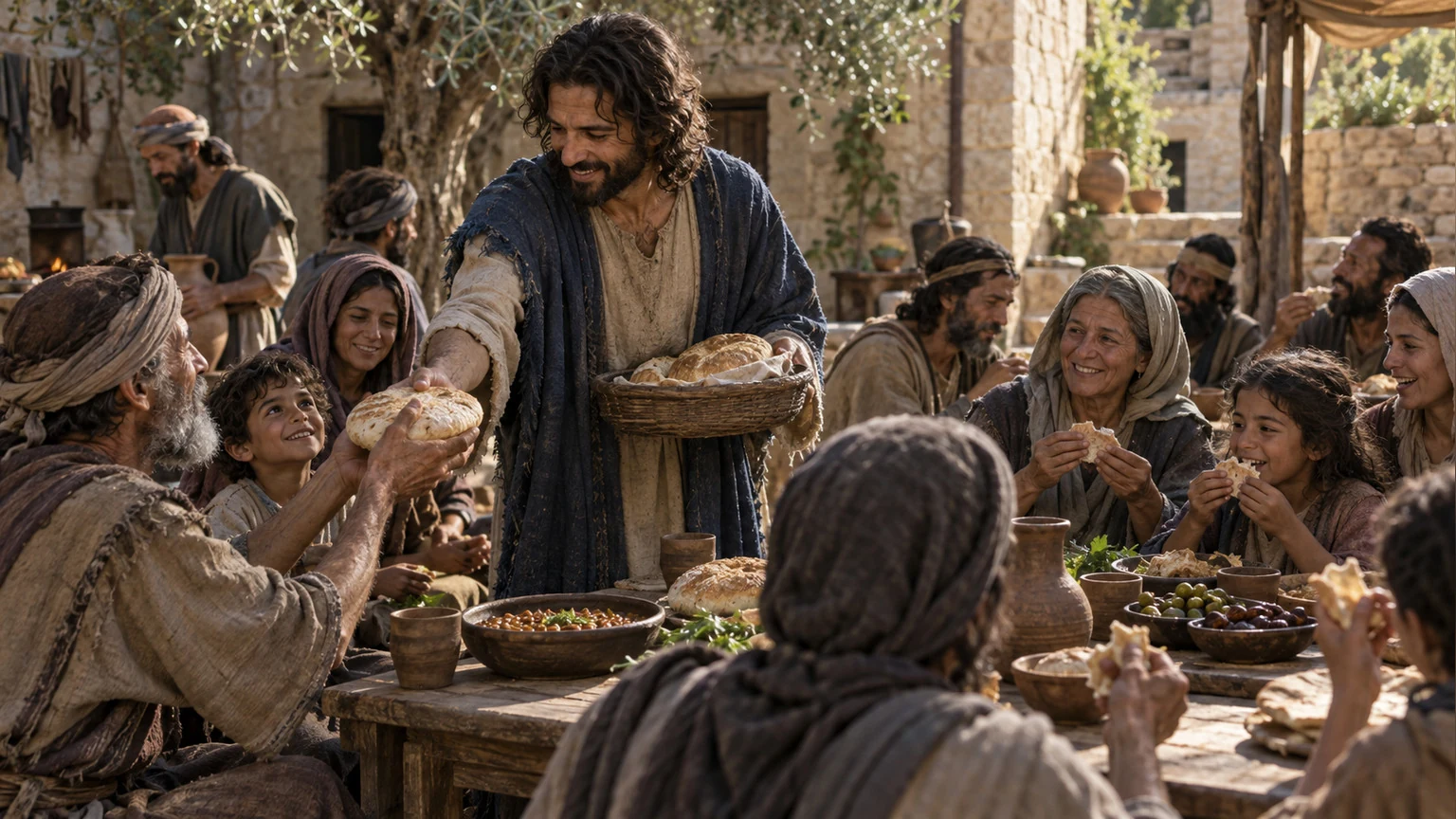 He shares bread with hungry people at a courtyard meal.