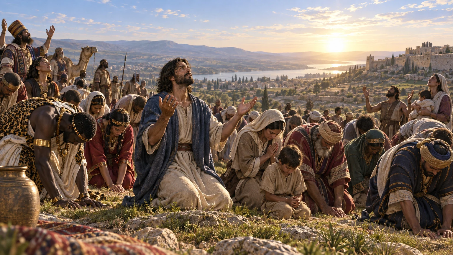 Families from many lands bow together on a hillside.