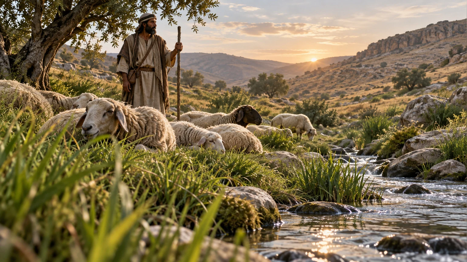 Sheep rest by quiet water under a shepherd's care.