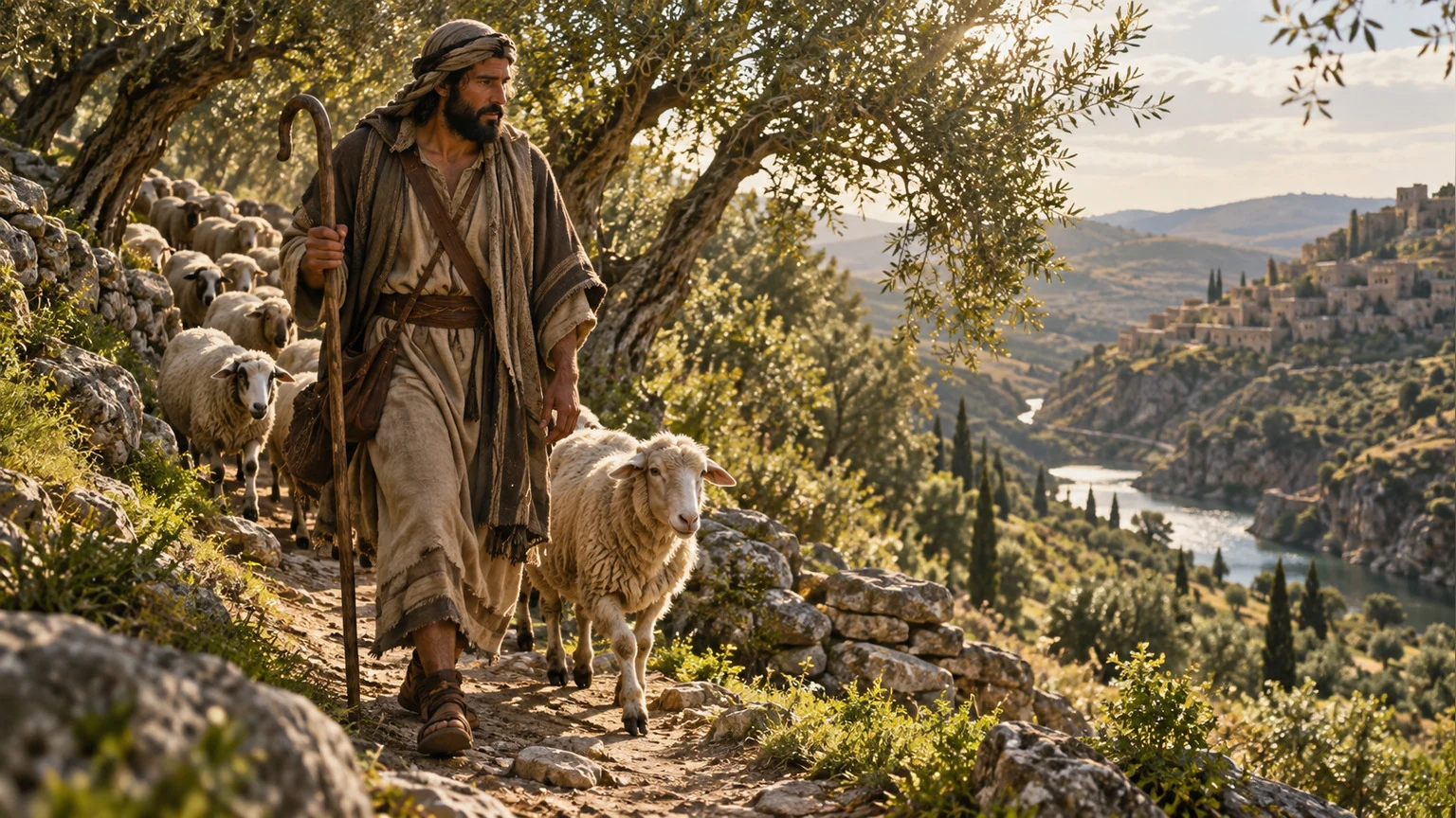 The shepherd leads a renewed flock along a sure hillside path.