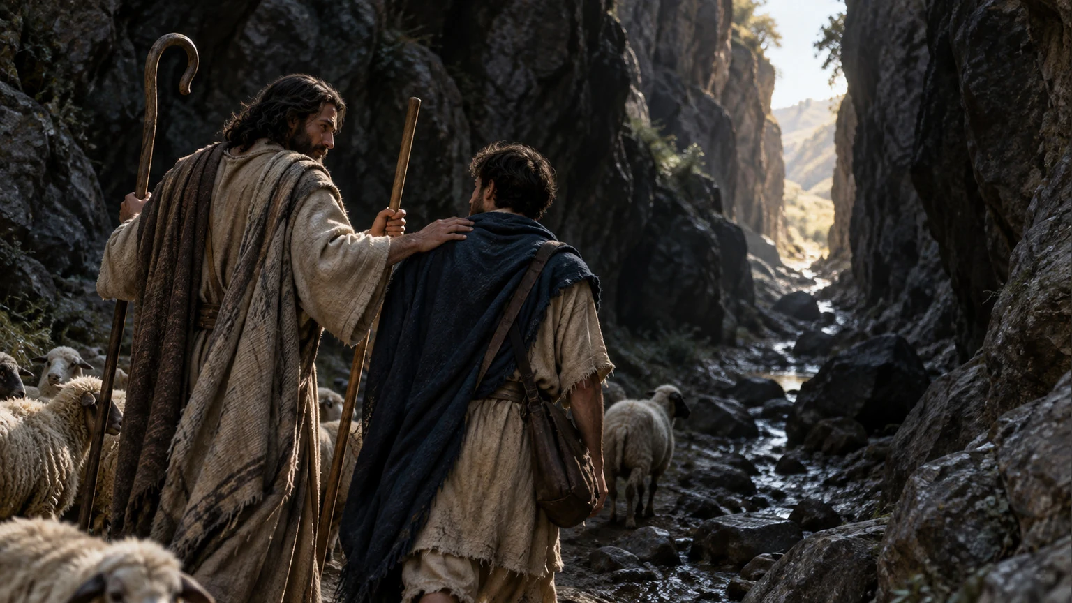 The shepherd accompanies a traveler through a dark ravine.