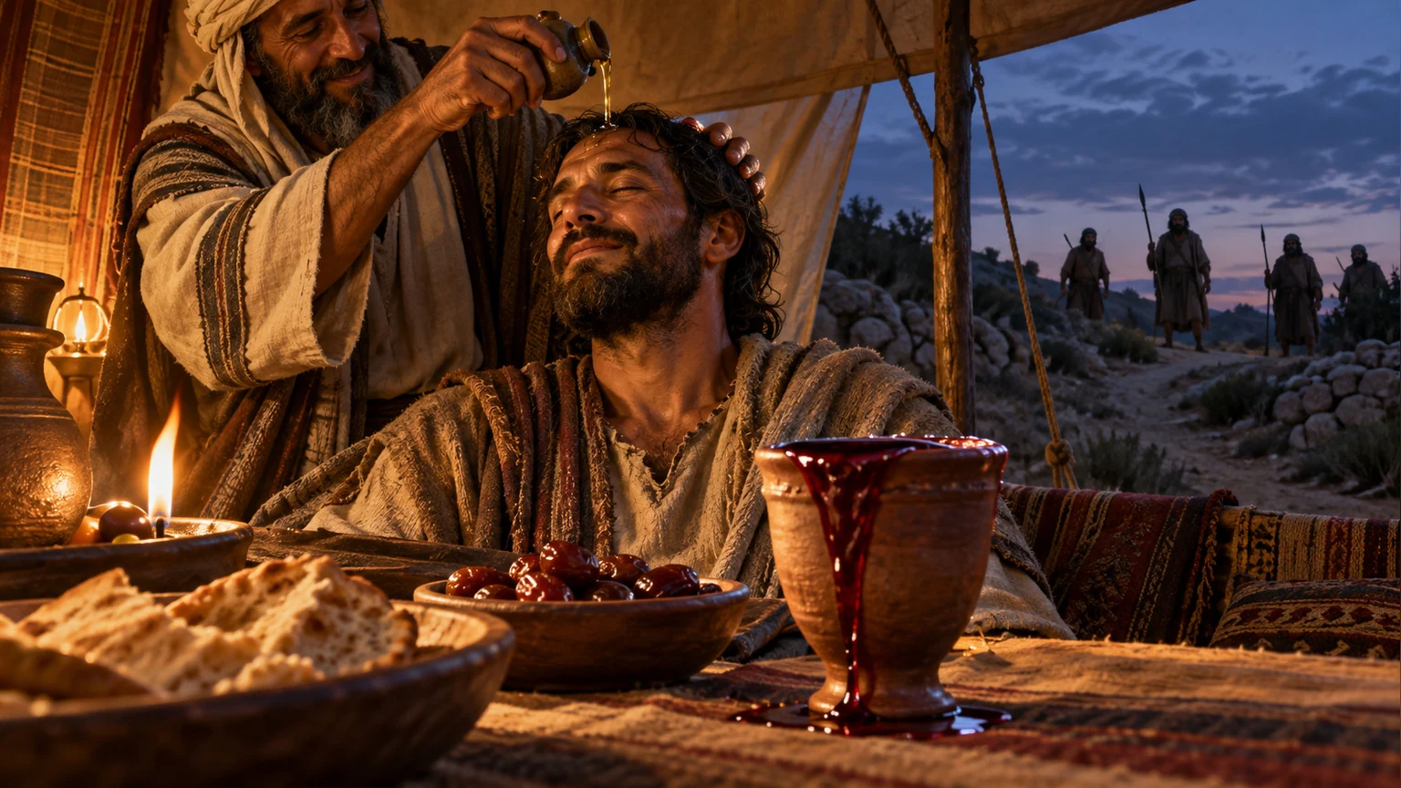 A generous host anoints the traveler beside an overflowing cup.