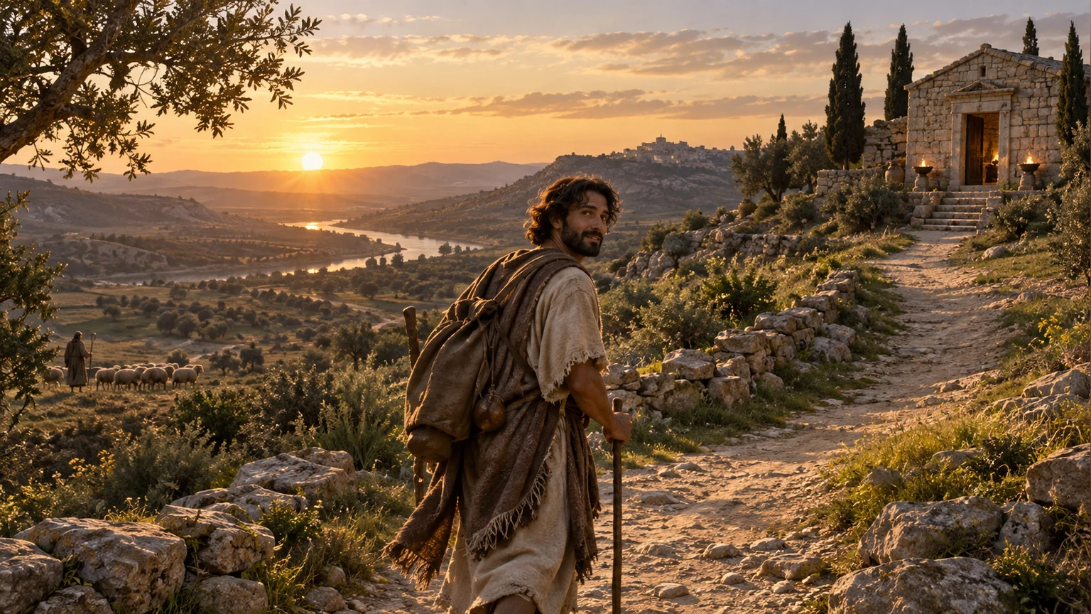The traveler returns along a long-lit path toward a humble sanctuary.