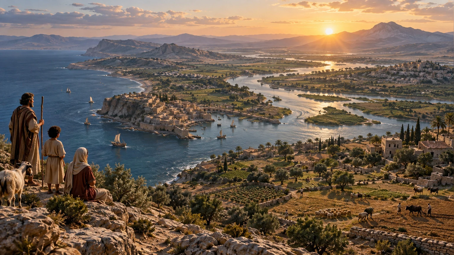 Coast, rivers, villages, and people spread beneath sunrise.
