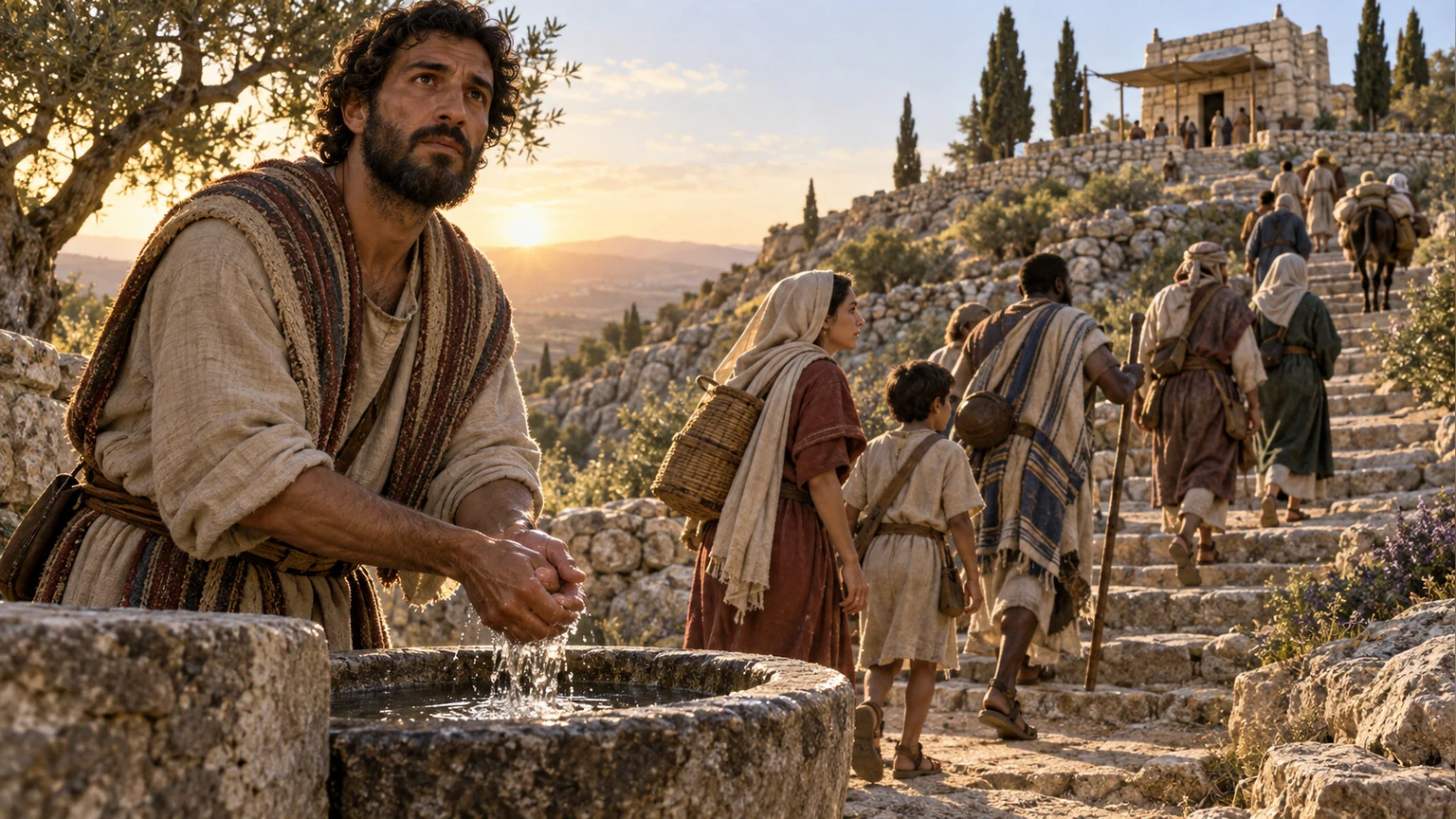 An earnest pilgrim washes his hands before ascending.