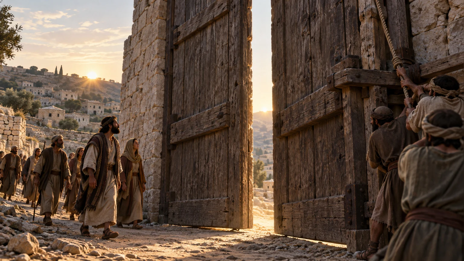 Rough timber gates begin to open to a waiting procession.