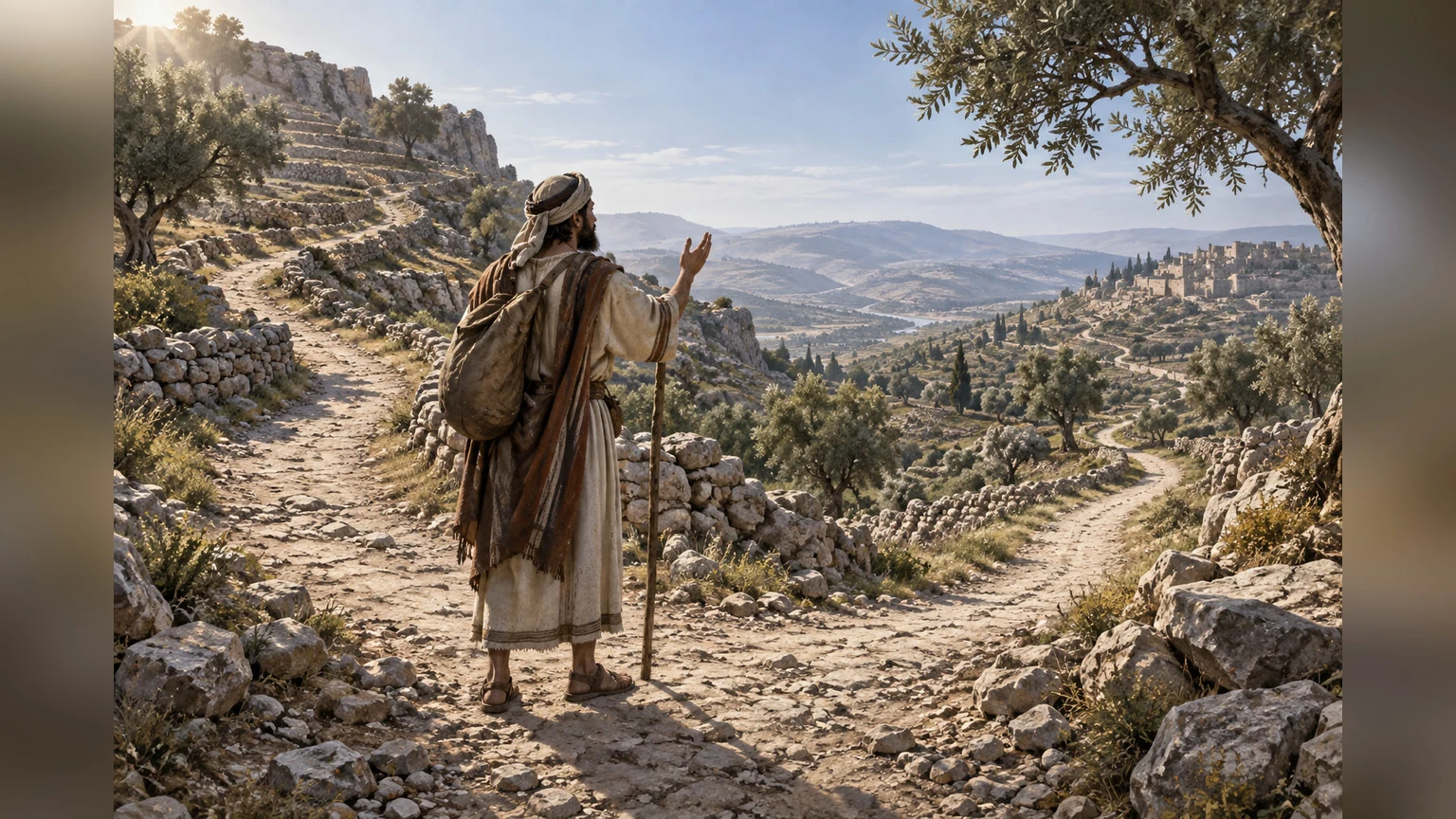 A traveler pauses where two stony paths divide.