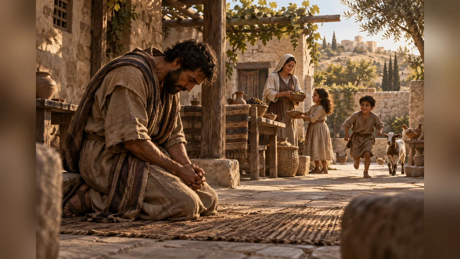 A penitent person prays near a peaceful household.