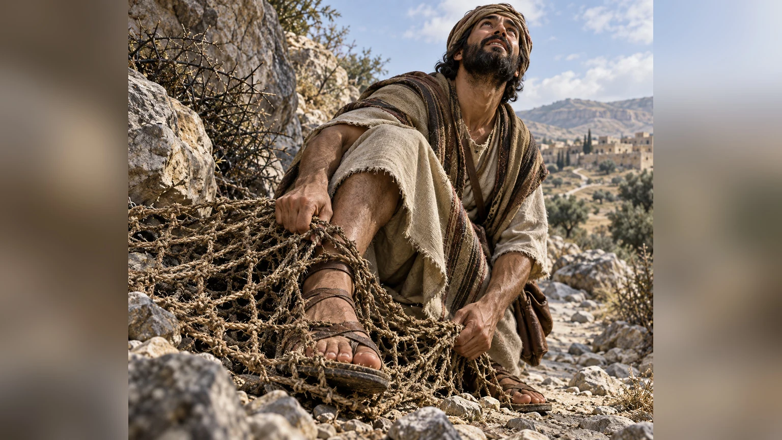 A hidden rope net loosens from a traveler’s feet.