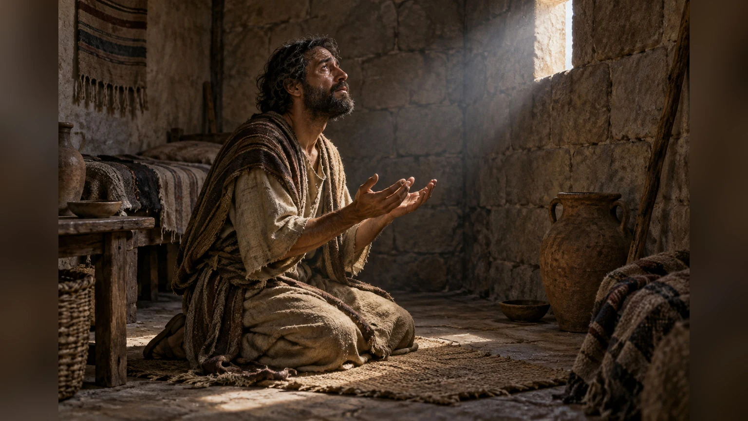 A solitary person prays in a sparse stone room.
