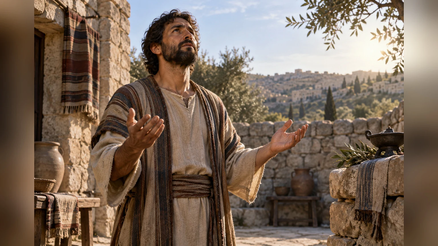 The worshiper invites examination with steady gaze and open hands.