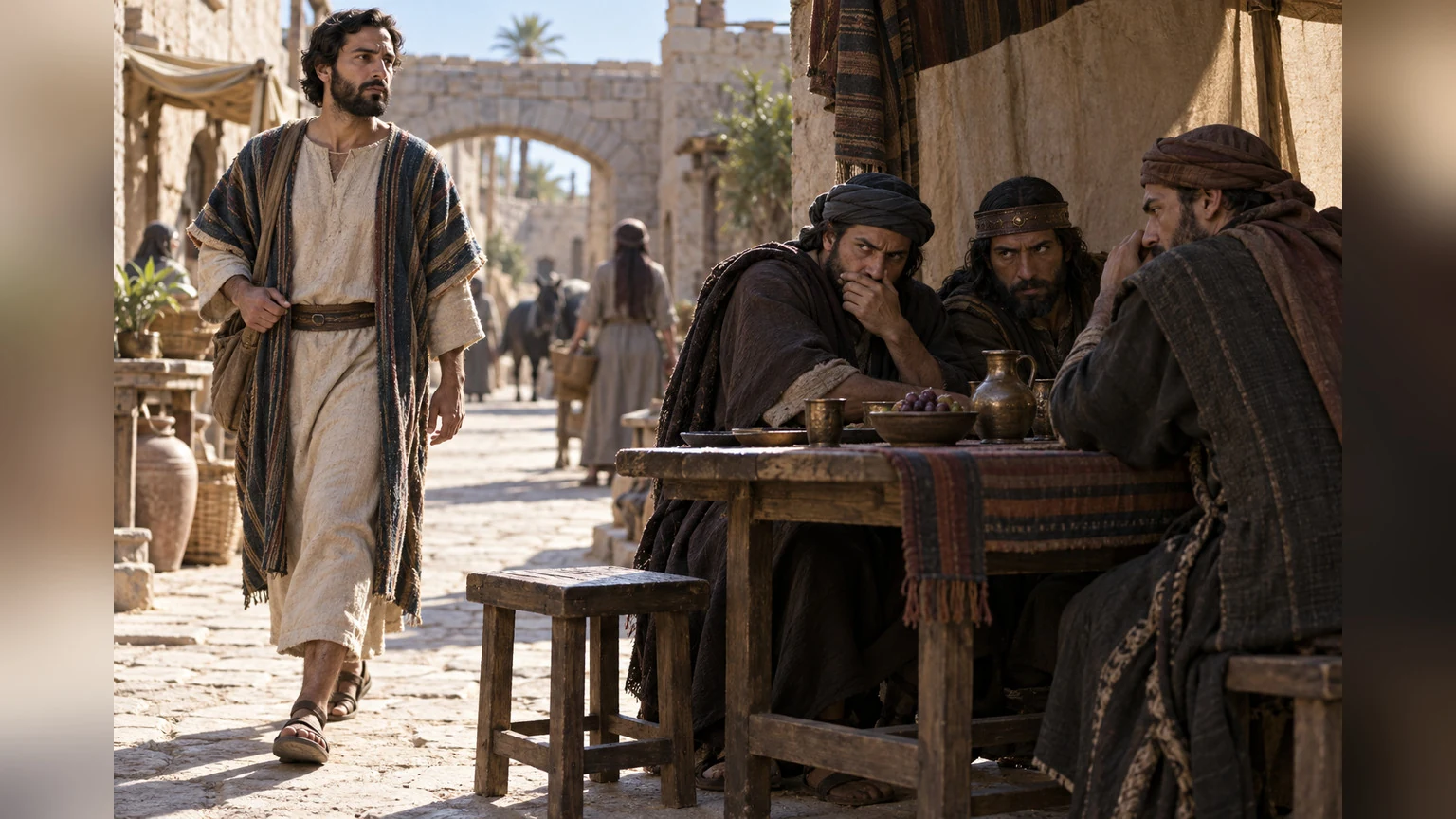He walks past seated men without joining them.