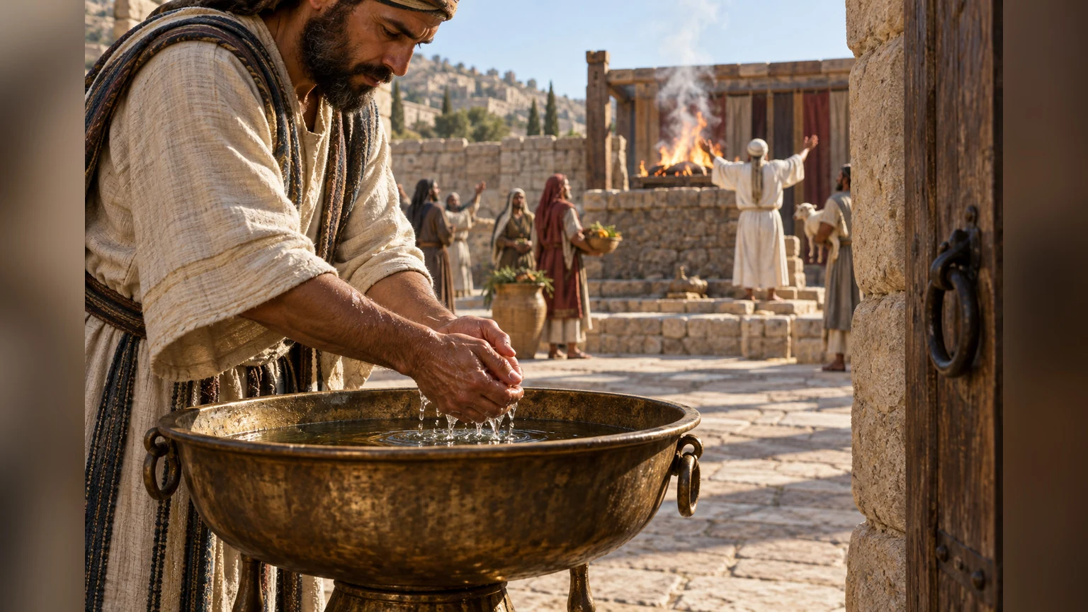 A worshiper washes his hands near the sanctuary altar.