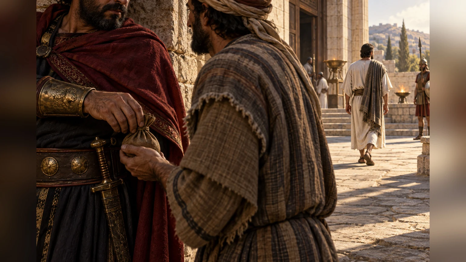A corrupt exchange outside the sanctuary contrasts with clean hands.