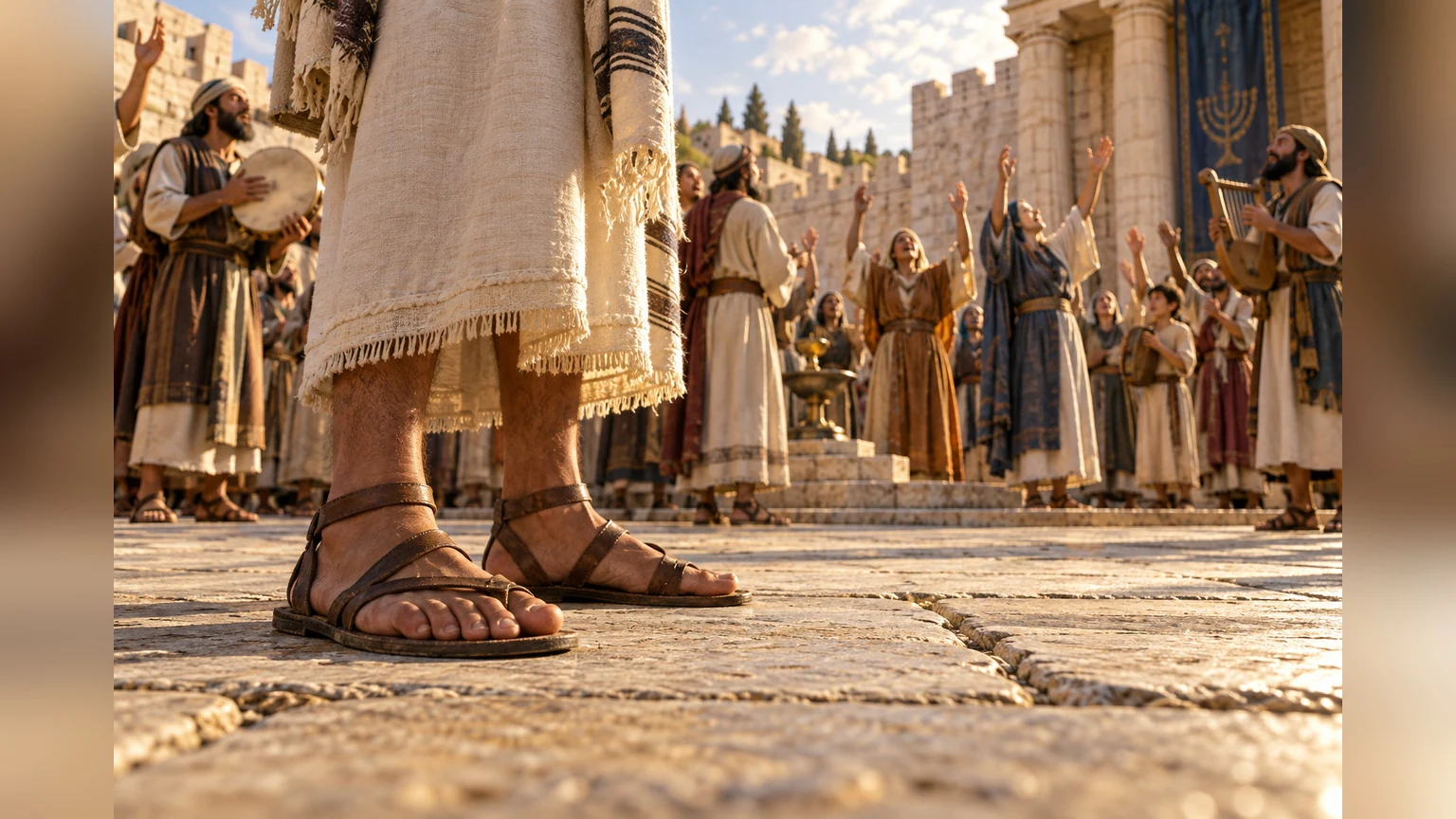 The worshiper stands among a praising assembly.