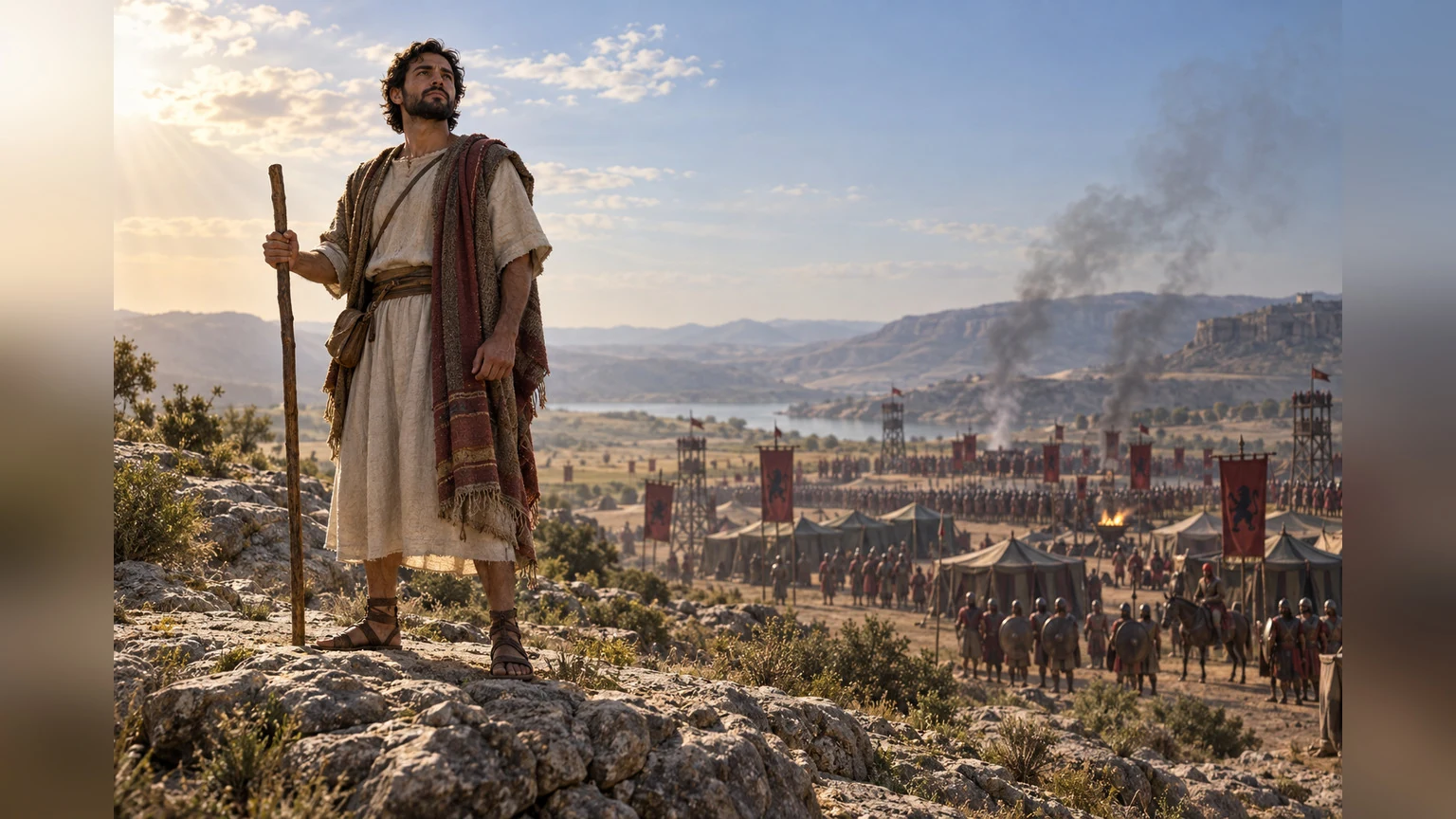 A calm petitioner stands before a distant encamped army.