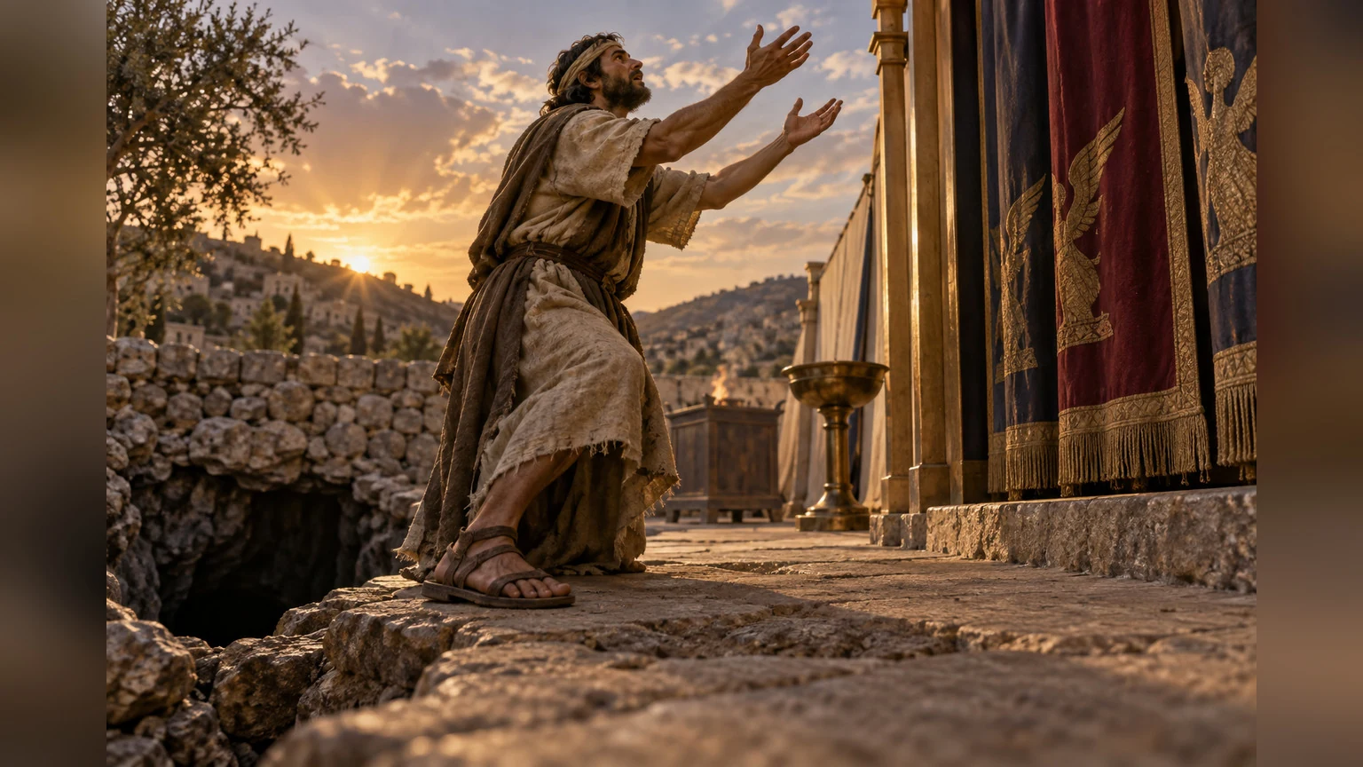 A petitioner stretches his hands toward the inner sanctuary.