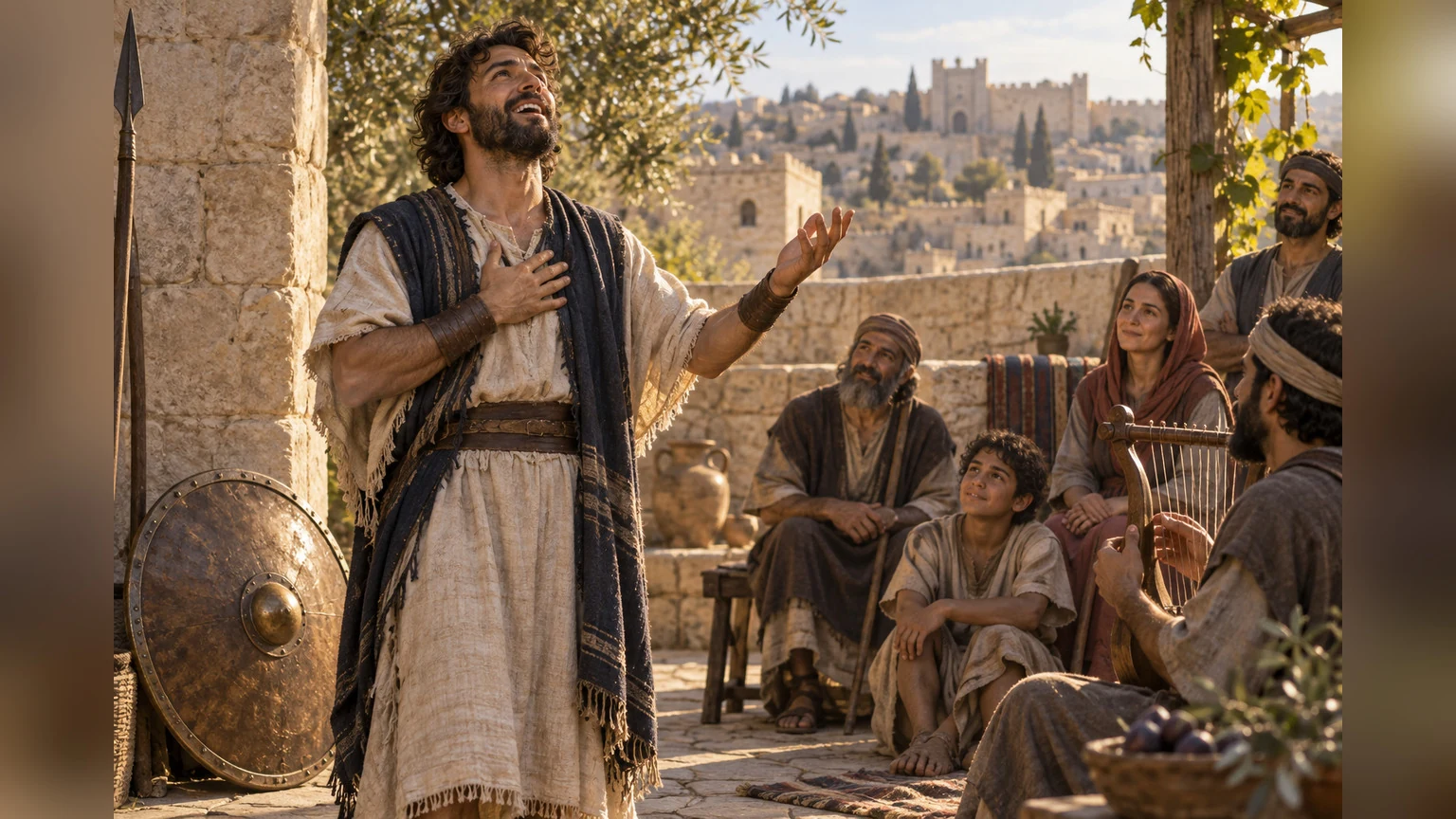 A worshiper begins a grateful song with a shield nearby.