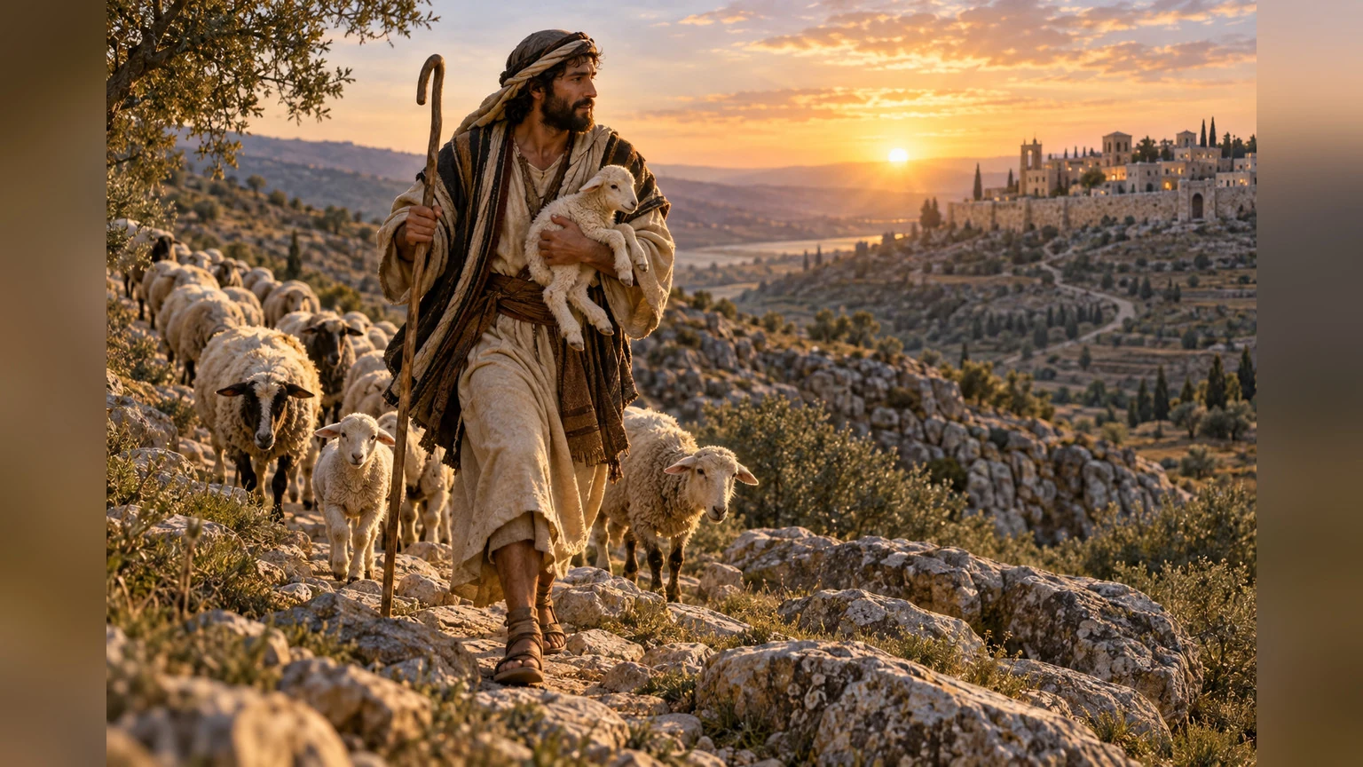 A shepherd carries a lamb as the flock follows across hills.