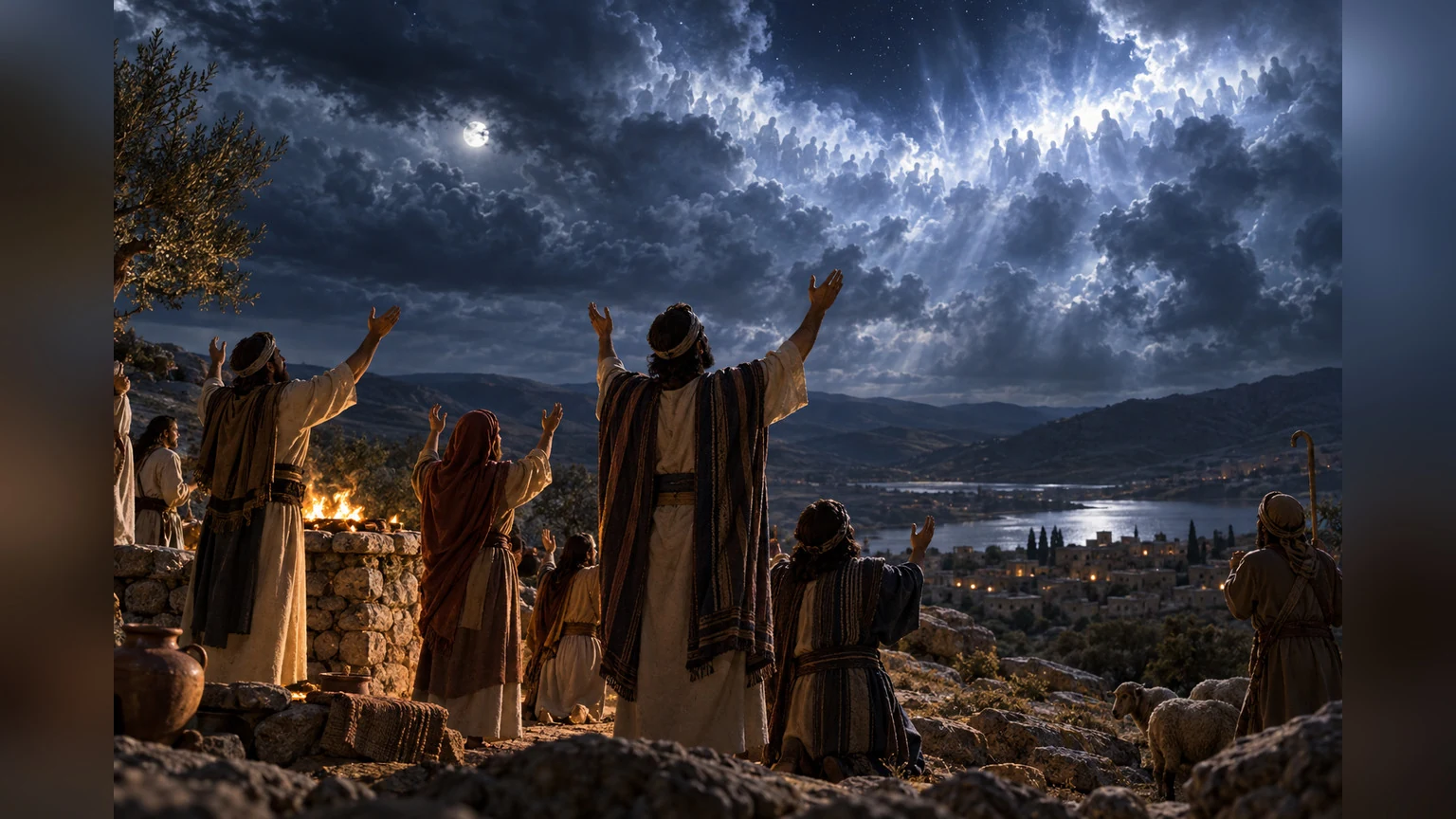 Earthly worshipers look toward a luminous heavenly assembly.