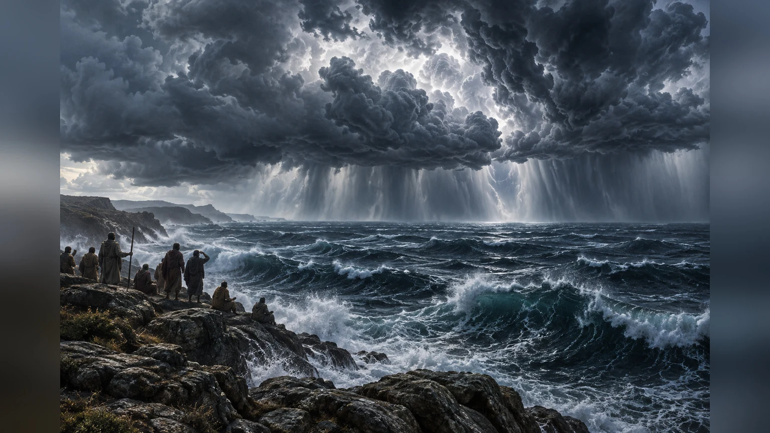 Storm clouds thunder over open water.