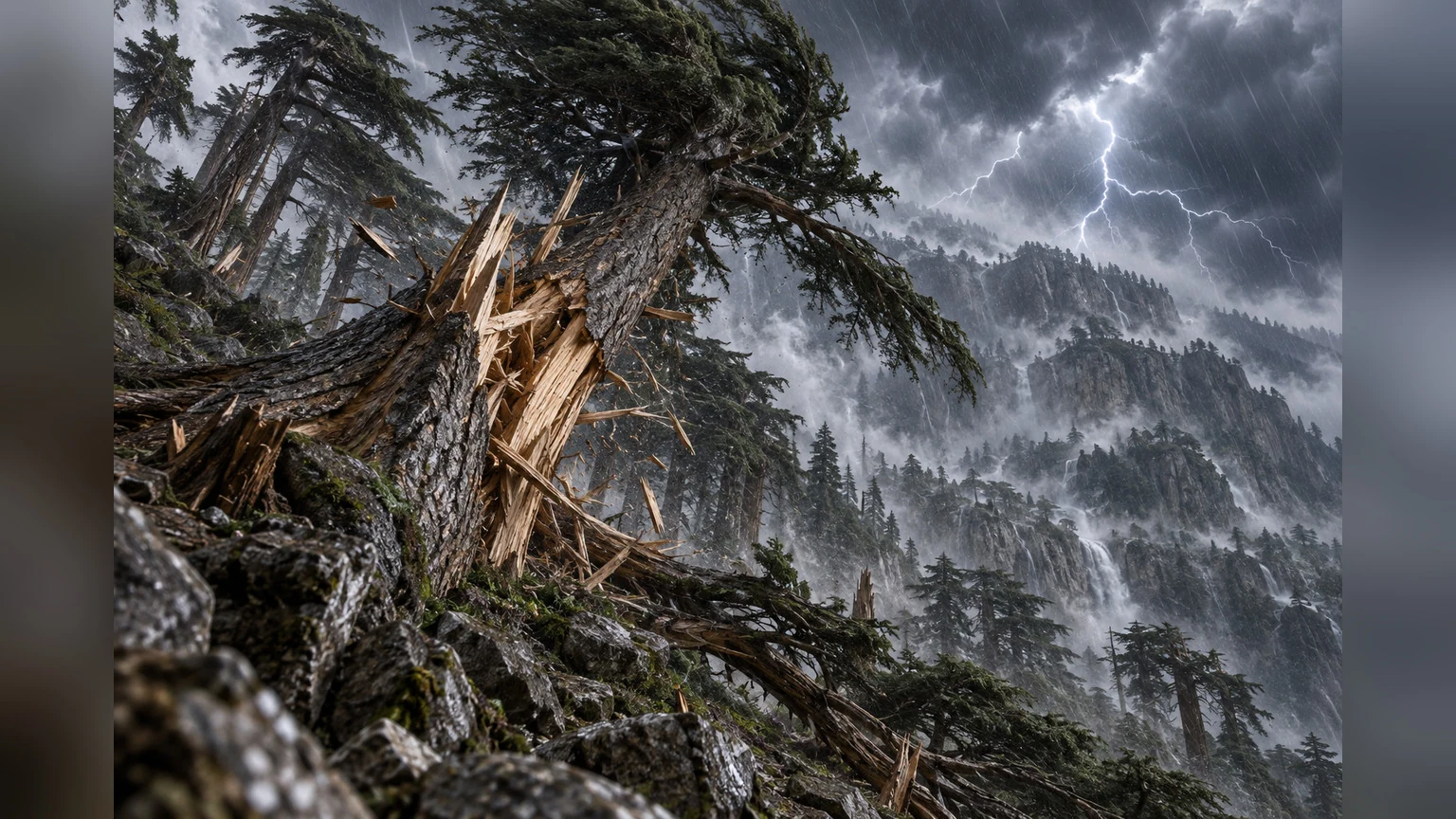 Cedars splinter in a violent mountain storm.