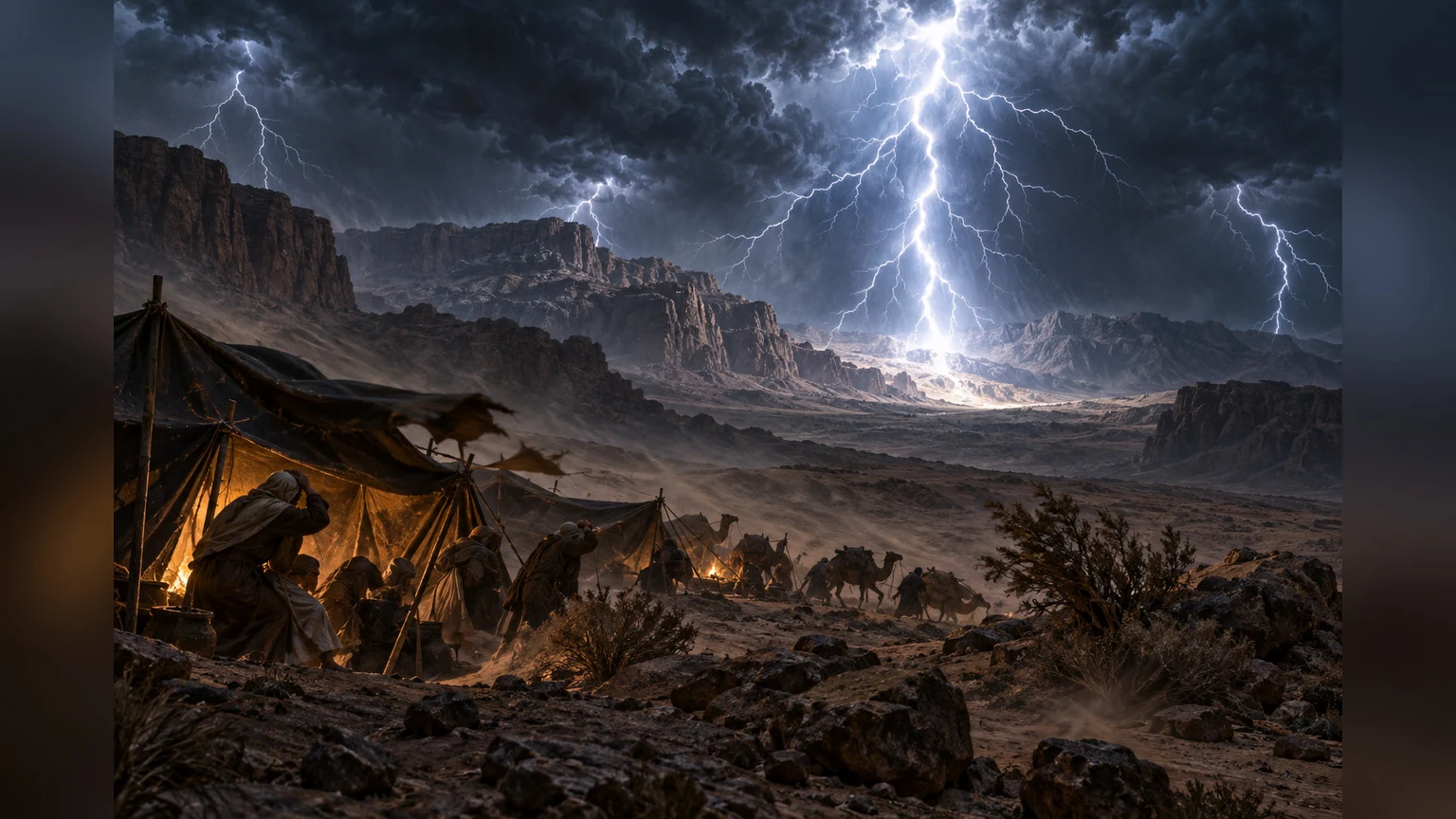 Lightning strikes across a desert wilderness.