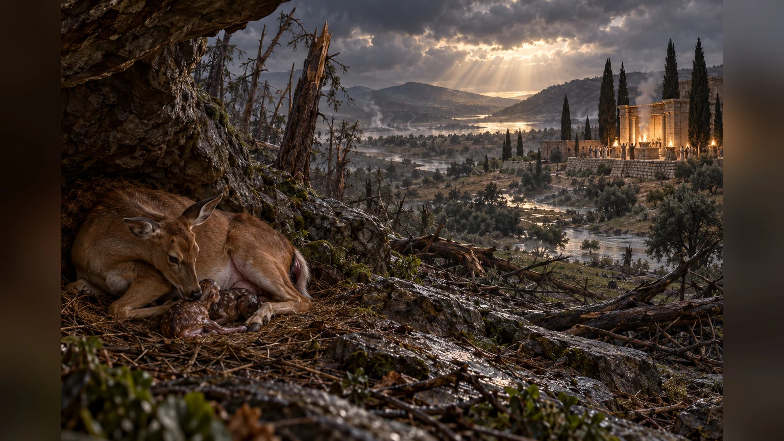 A doe shelters her newborn near a storm-stripped forest while worshipers gather in the distance.