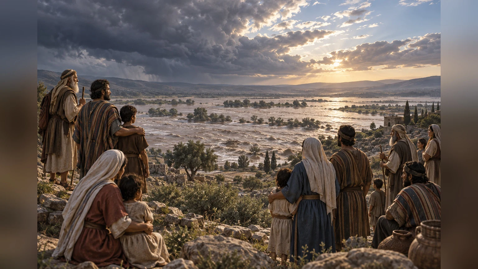 A community stands in peace above settling floodwaters.