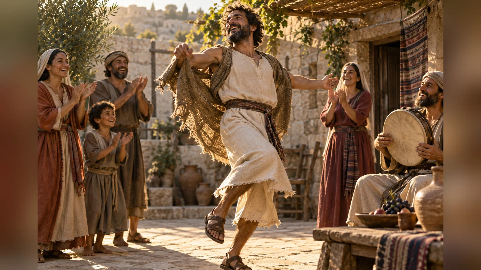 A worshiper loosens sackcloth and begins to dance in thanks.