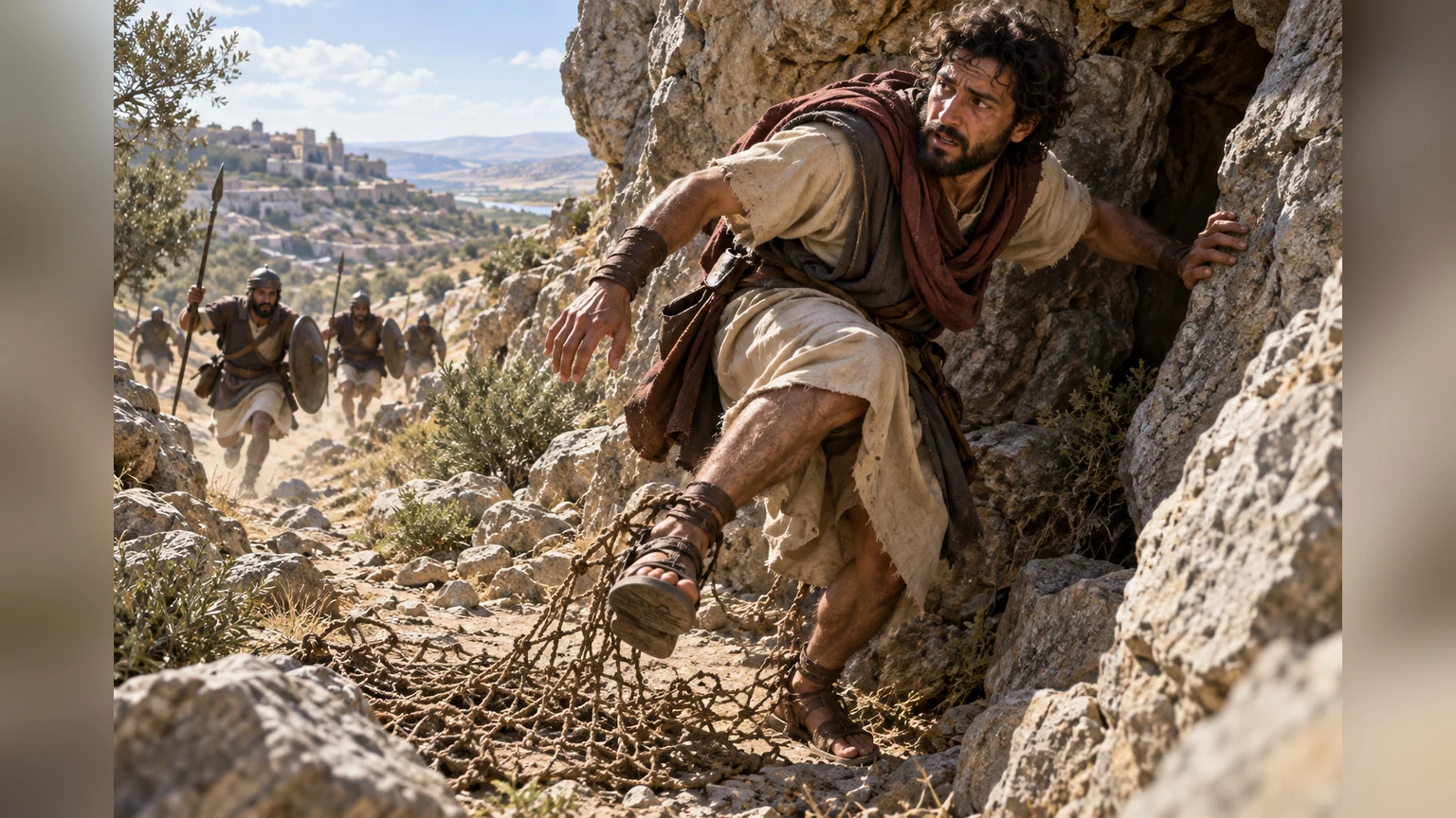 A pursued petitioner escapes a hidden net toward rocky shelter.