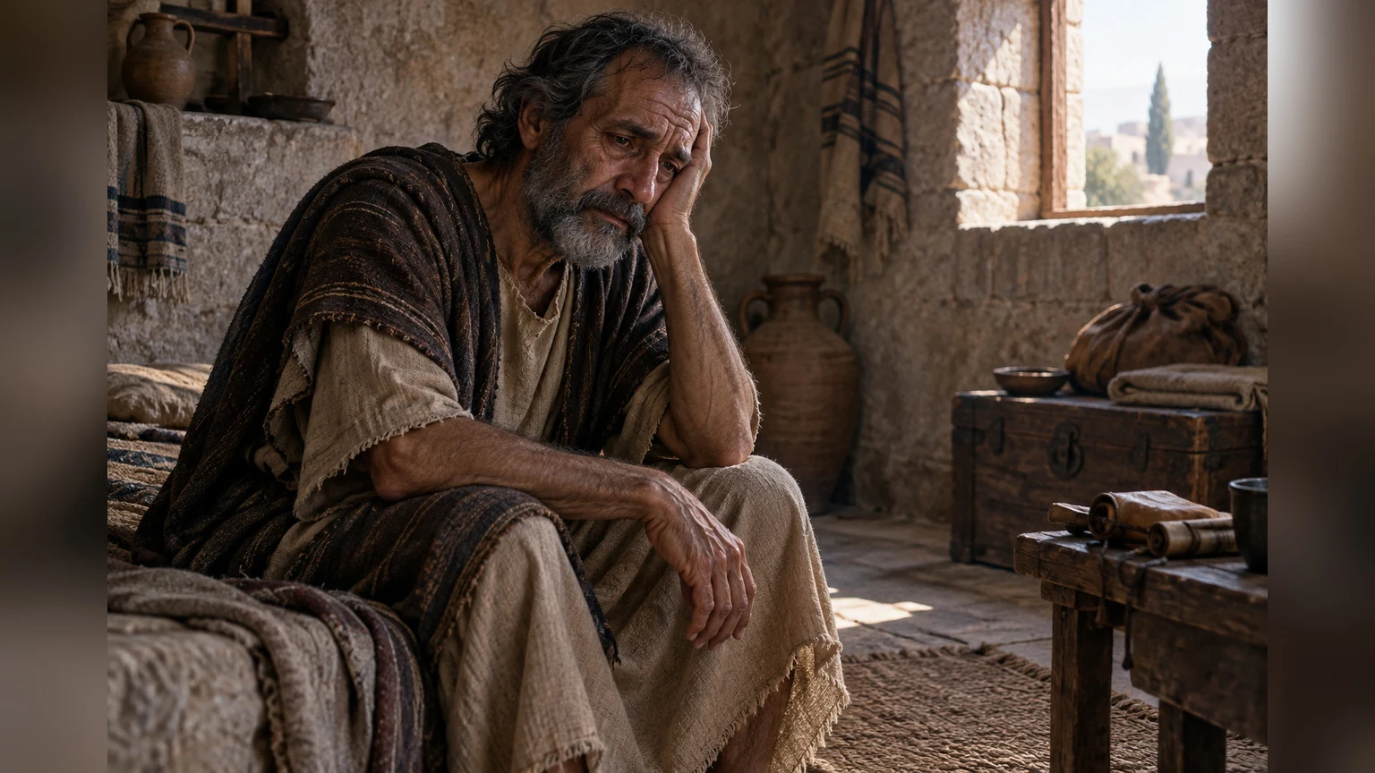 A grieving petitioner sits alone, visibly worn by years.