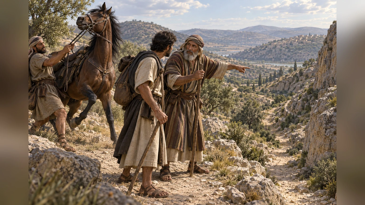 A traveler listens to guidance beside a restrained horse.