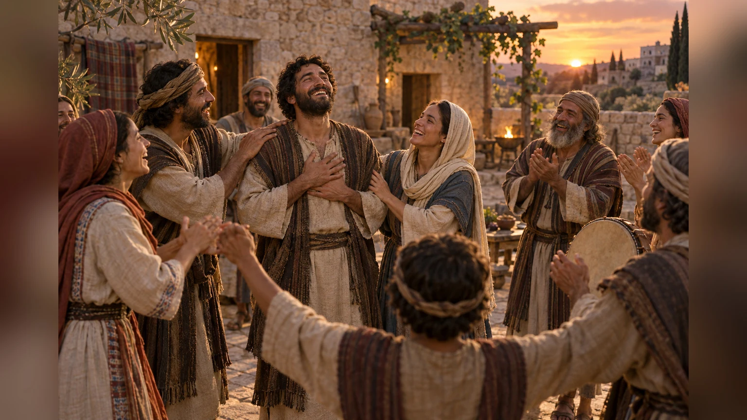 A community gathers in a joyful circle.