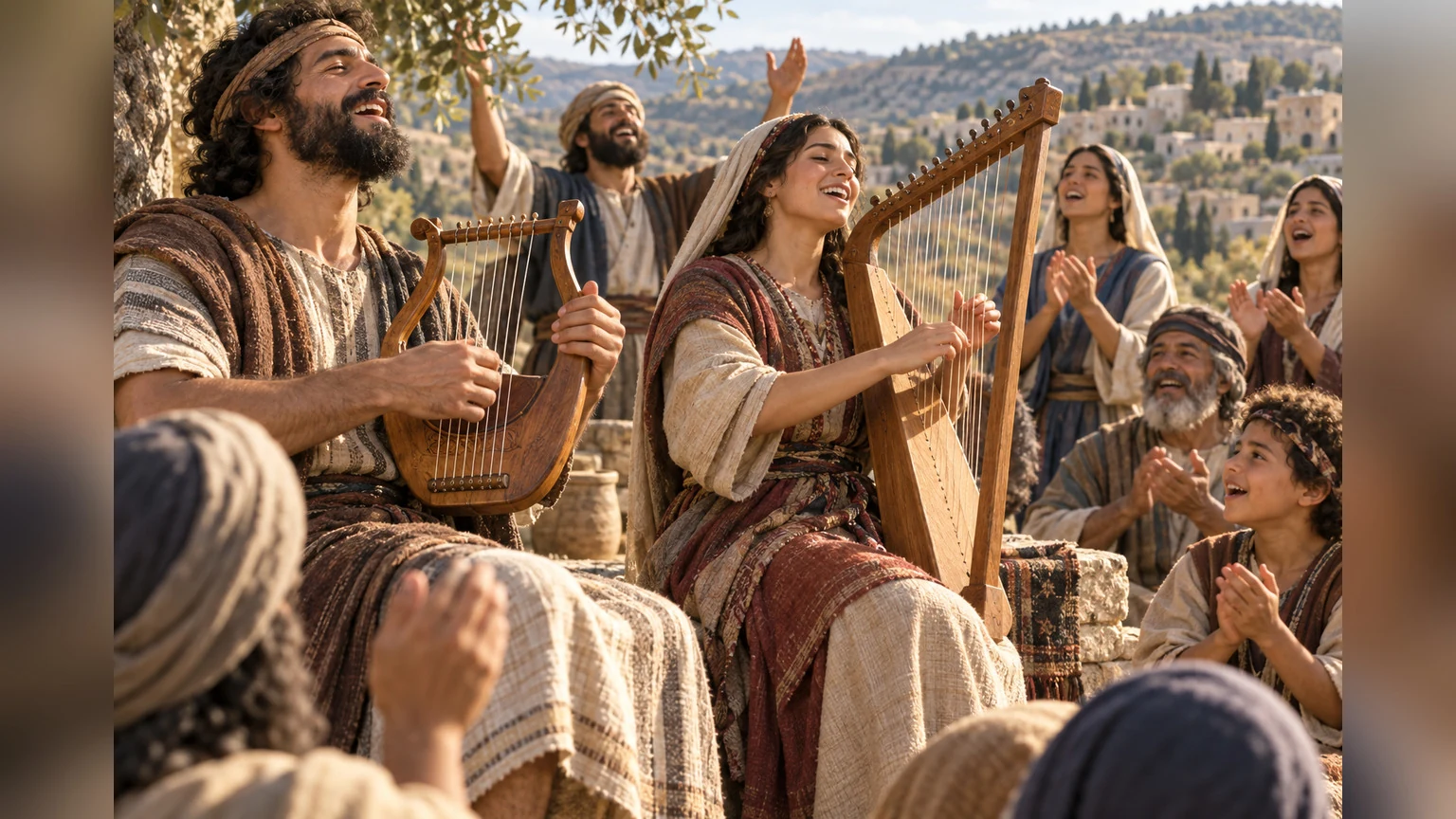 Musicians begin a new song with lyre and harp.