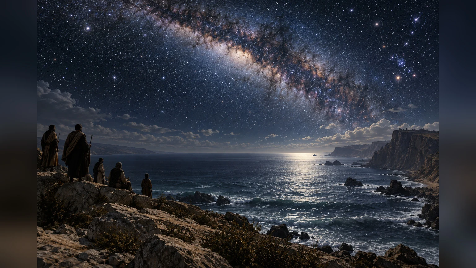 Observers stand before a star-filled sky and sea.