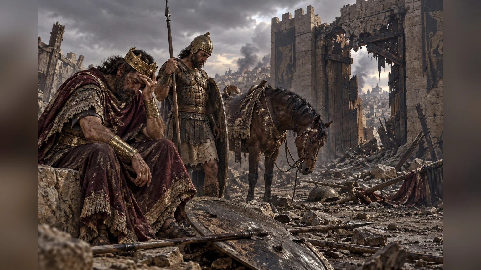 A king, warrior and warhorse stand vulnerable after battle.